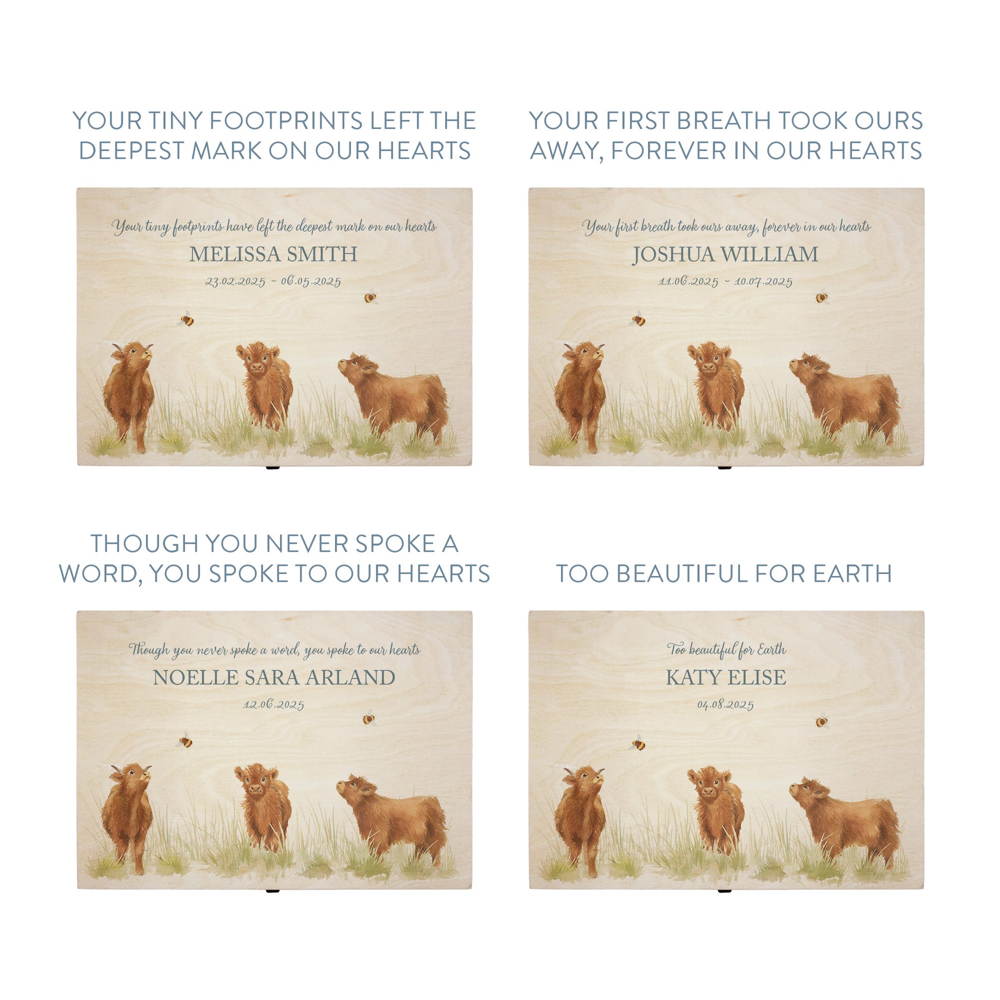 Wooden box with a decorative lid featuring illustrations Baby Highland Cow Perfect funeral memory keepsake box, for storing ashes, order of service, flowers and coping with baby loss capturing your loved ones things in one place