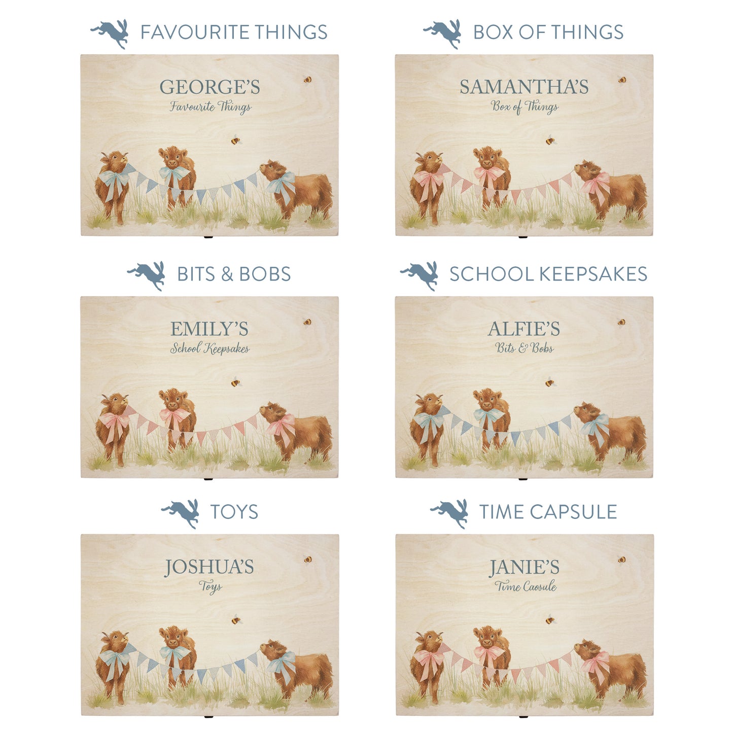 This baby animal design can be personalised by adding a beautiful bunting and a luxurious bow around their necks in blue or pink. Add the extra special touch to your special occasion. This pictures shows examples of some different ways to personalise your beautiful gift box for your friend, loved one and little person in your life. "Box of things" "School keepsakes" "Time Capsule" "Favourite things" "Bits and Bobs" "Toys" "Christening memory box"