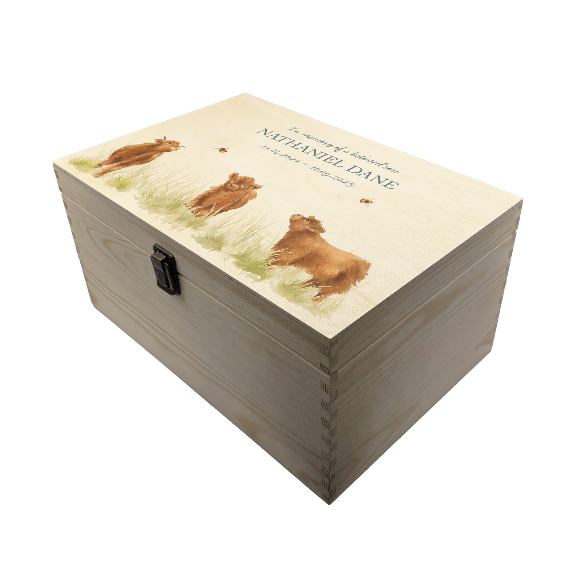 Wooden box with a decorative lid featuring illustrations Baby Highland Cow Perfect funeral memory keepsake box, for storing ashes, order of service, flowers and coping with baby loss capturing your loved ones things in one place