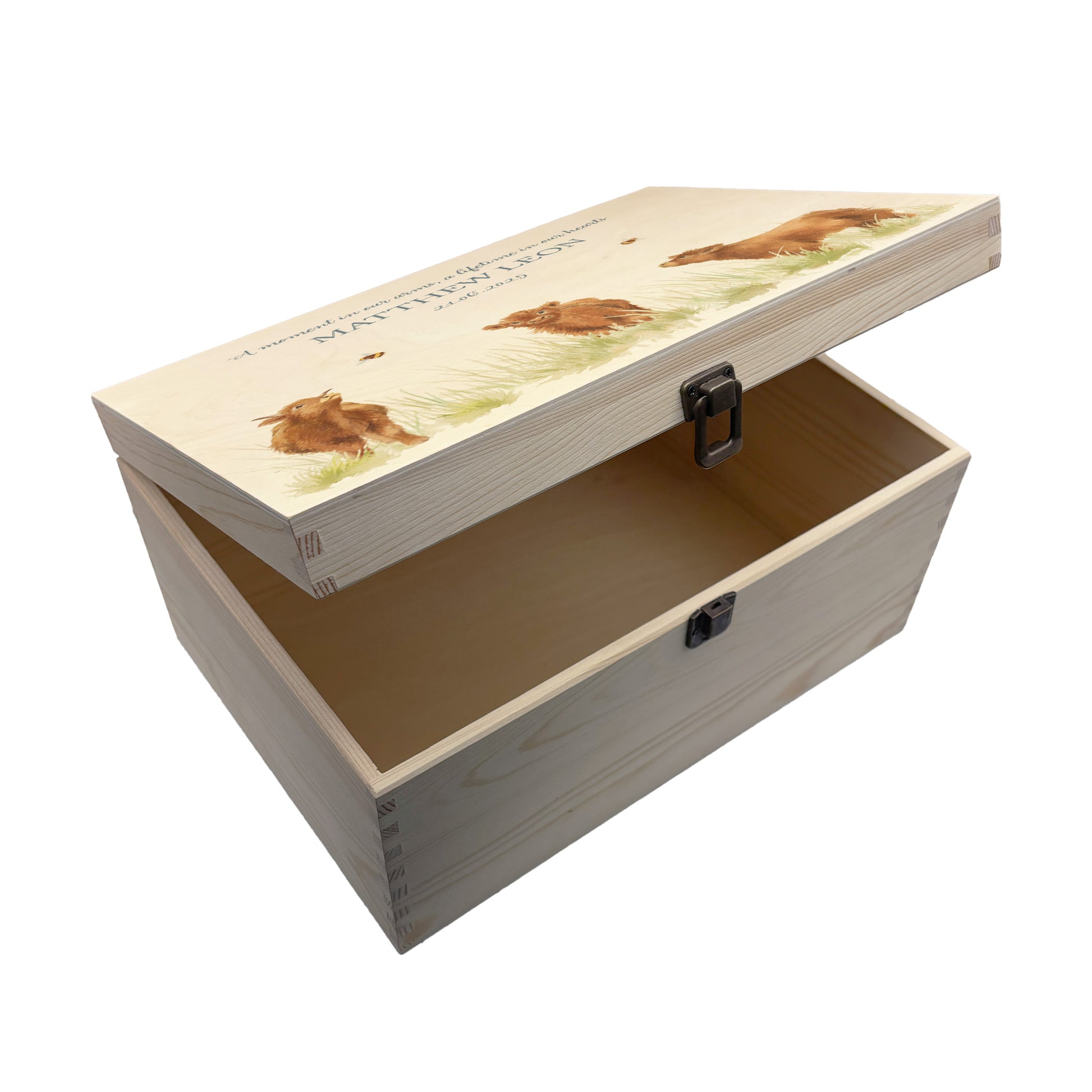 Wooden box with a decorative lid featuring illustrations Baby Highland Cow Perfect funeral memory keepsake box, for storing ashes, order of service, flowers and coping with baby loss capturing your loved ones things in one place