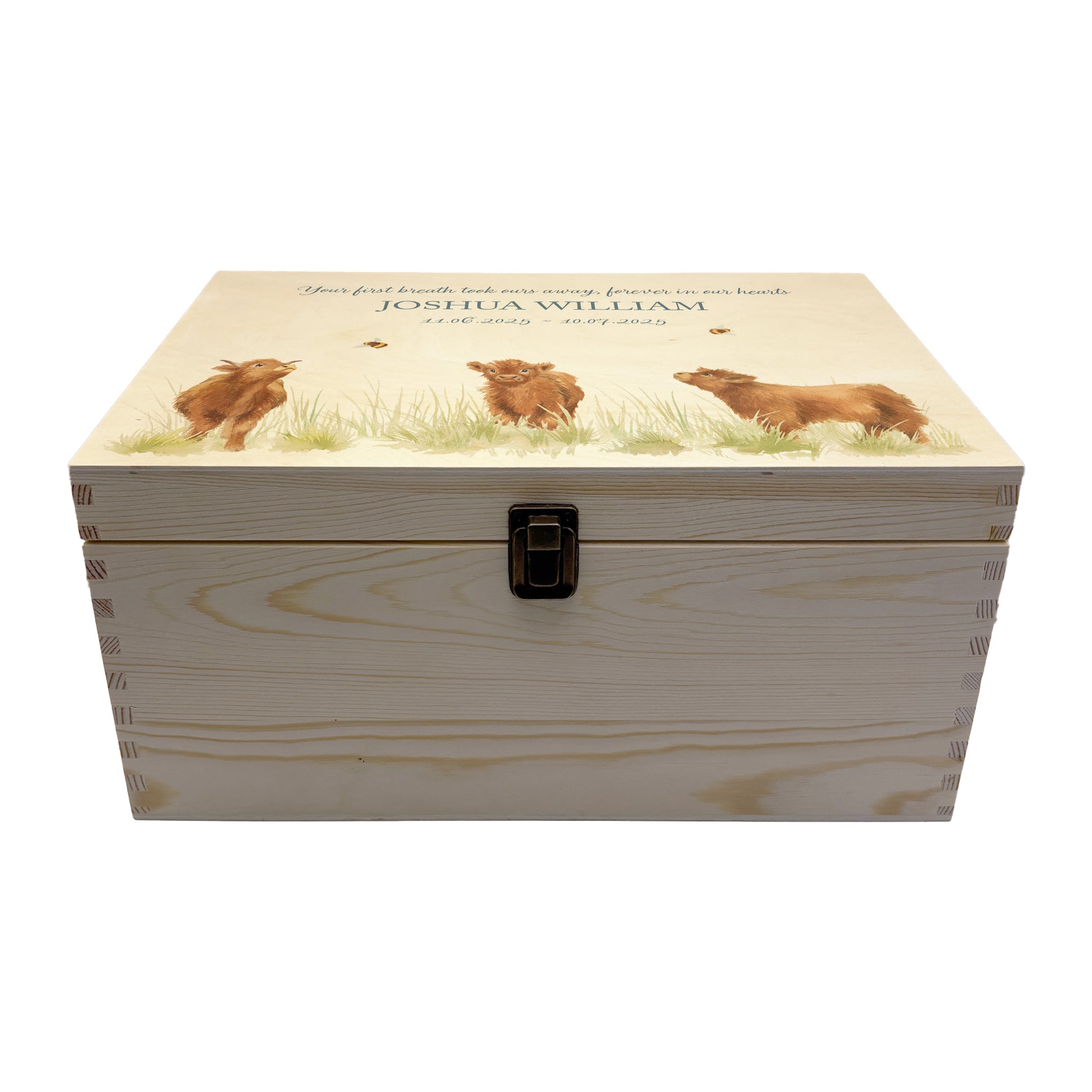 Wooden box with a decorative lid featuring illustrations Baby Highland Cow Perfect funeral memory keepsake box, for storing ashes, order of service, flowers and coping with baby loss capturing your loved ones things in one place