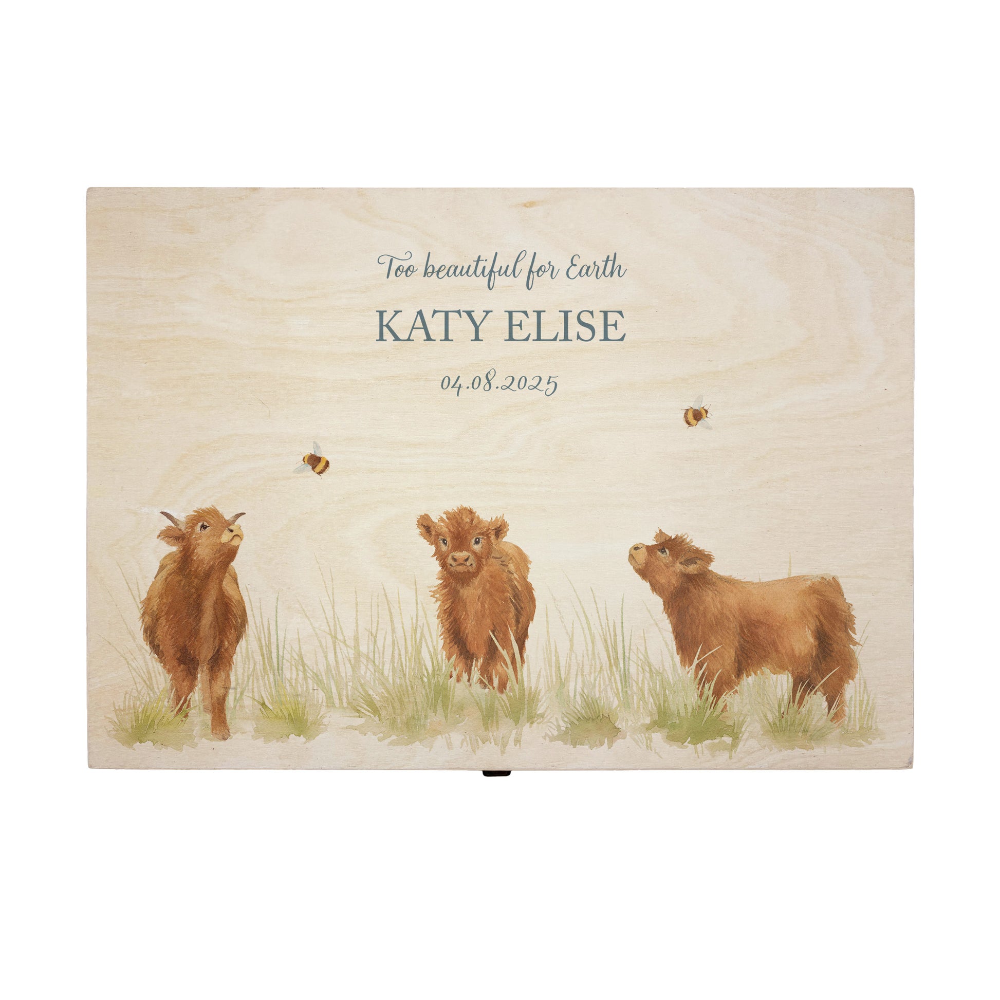 Wooden box with a decorative lid featuring illustrations Baby Highland Cow Perfect funeral memory keepsake box, for storing ashes, order of service, flowers and coping with baby loss capturing your loved ones things in one place