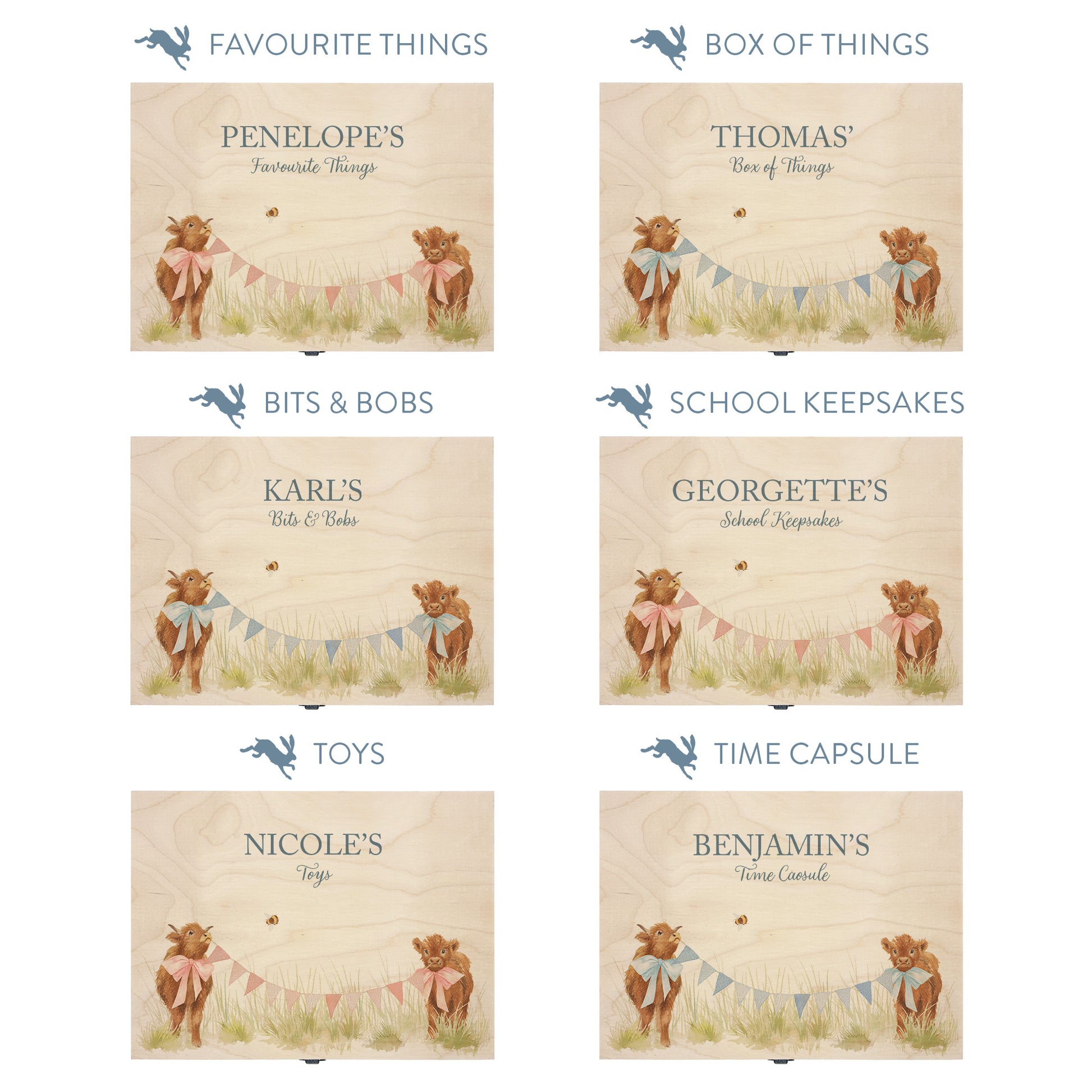 This baby animal design can be personalised by adding a beautiful bunting and a luxurious bow around their necks in blue or pink. Add the extra special touch to your special occasion.  This pictures shows examples of some different ways to personalise your beautiful gift box for your friend, loved one and little person in your life. "Box of things" "School keepsakes" "Time Capsule"  "Favourite things" "Bits and Bobs" "Toys" "Christening memory box"