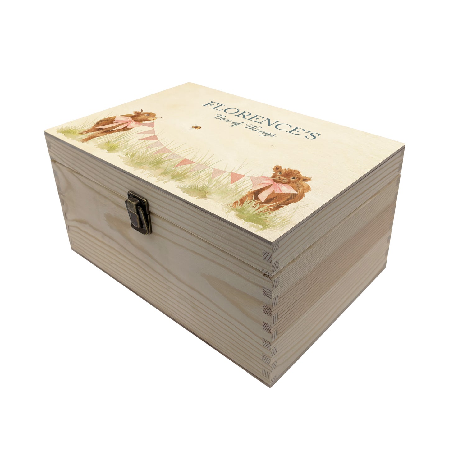 Medium sized wooden pine personalised keepsake box. The design theme is perfect for New babies, Welcome to the world, baby showers and christenings. This design has baby highland cow calves in meadow style grass and a buzzy Bee flying around. This design can be personalised by adding a beautiful bunting and a luxurious bow around their necks in blue or pink. Add the extra special touch to your special occasion.