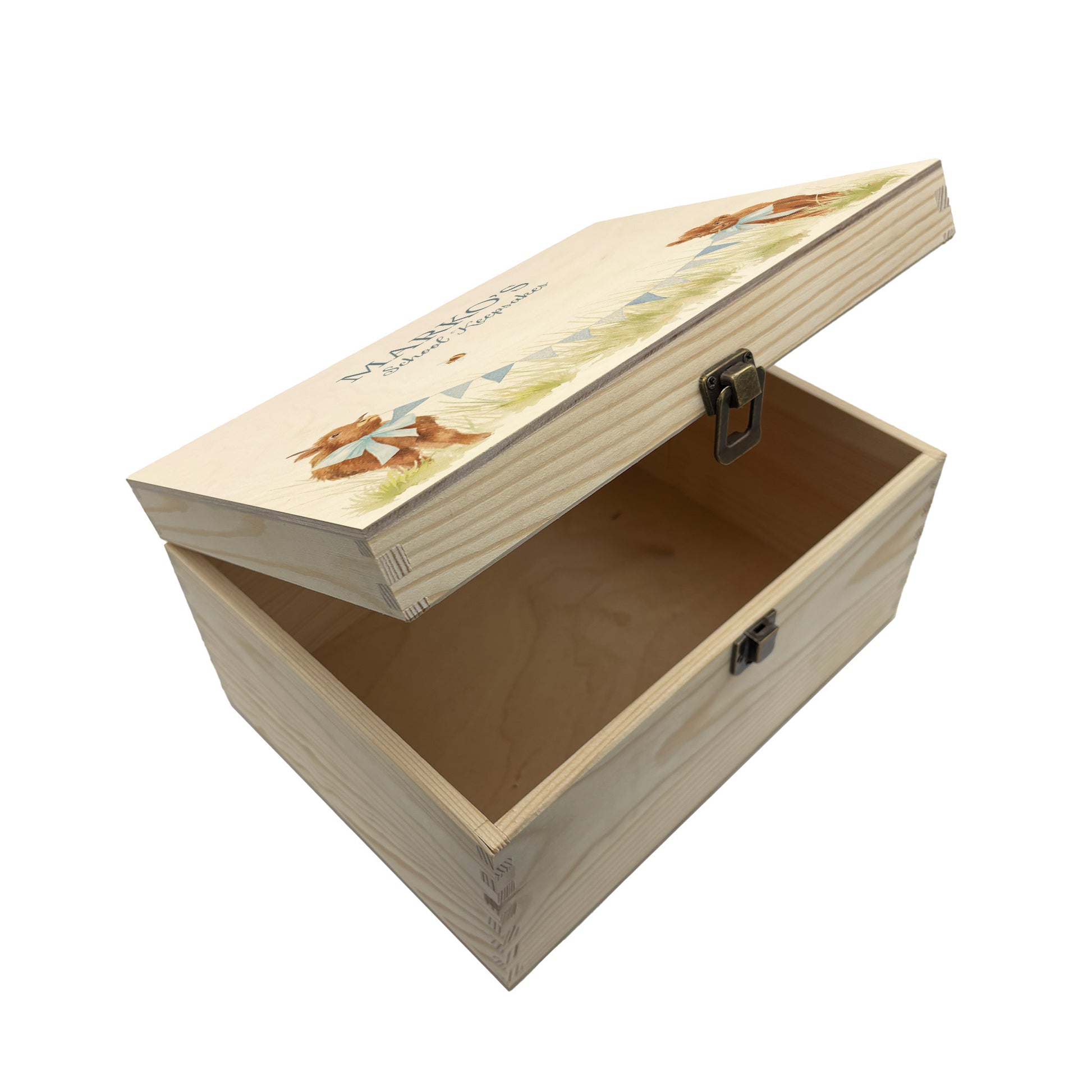 Medium sized wooden pine personalised keepsake box. The design theme is perfect for New babies, Welcome to the world, baby showers and christenings. This design has baby highland cow calves in meadow style grass and a buzzy Bee flying around. This design can be personalised by adding a beautiful bunting and a luxurious bow around their necks in blue or pink. Add the extra special touch to your special occasion.