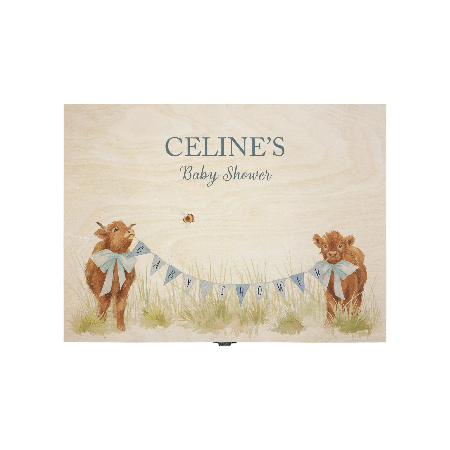 Medium sized wooden pine personalised keepsake box. The design theme is perfect for New babies, Welcome to the world, baby showers and christenings. This design has baby highland cow calves in meadow style grass and a buzzy Bee flying around. This design can be personalised by adding a beautiful bunting and a luxurious bow around their necks in blue or pink. Add the extra special touch to your special occasion.