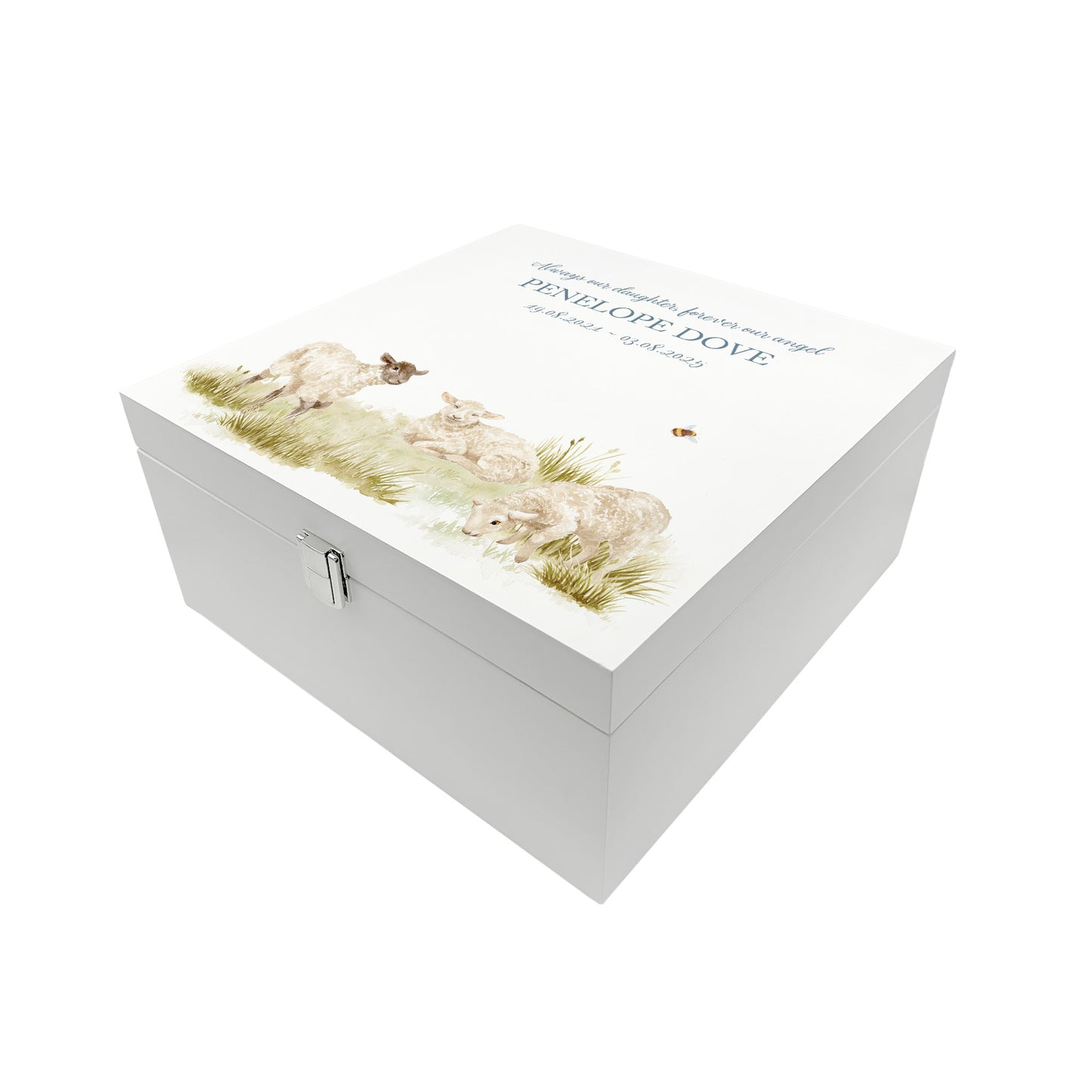 White Wooden box with a decorative lid featuring illustrations Baby Lamb Perfect funeral memory keepsake box, for storing ashes, order of service, flowers and coping with baby loss capturing your loved ones things in one place