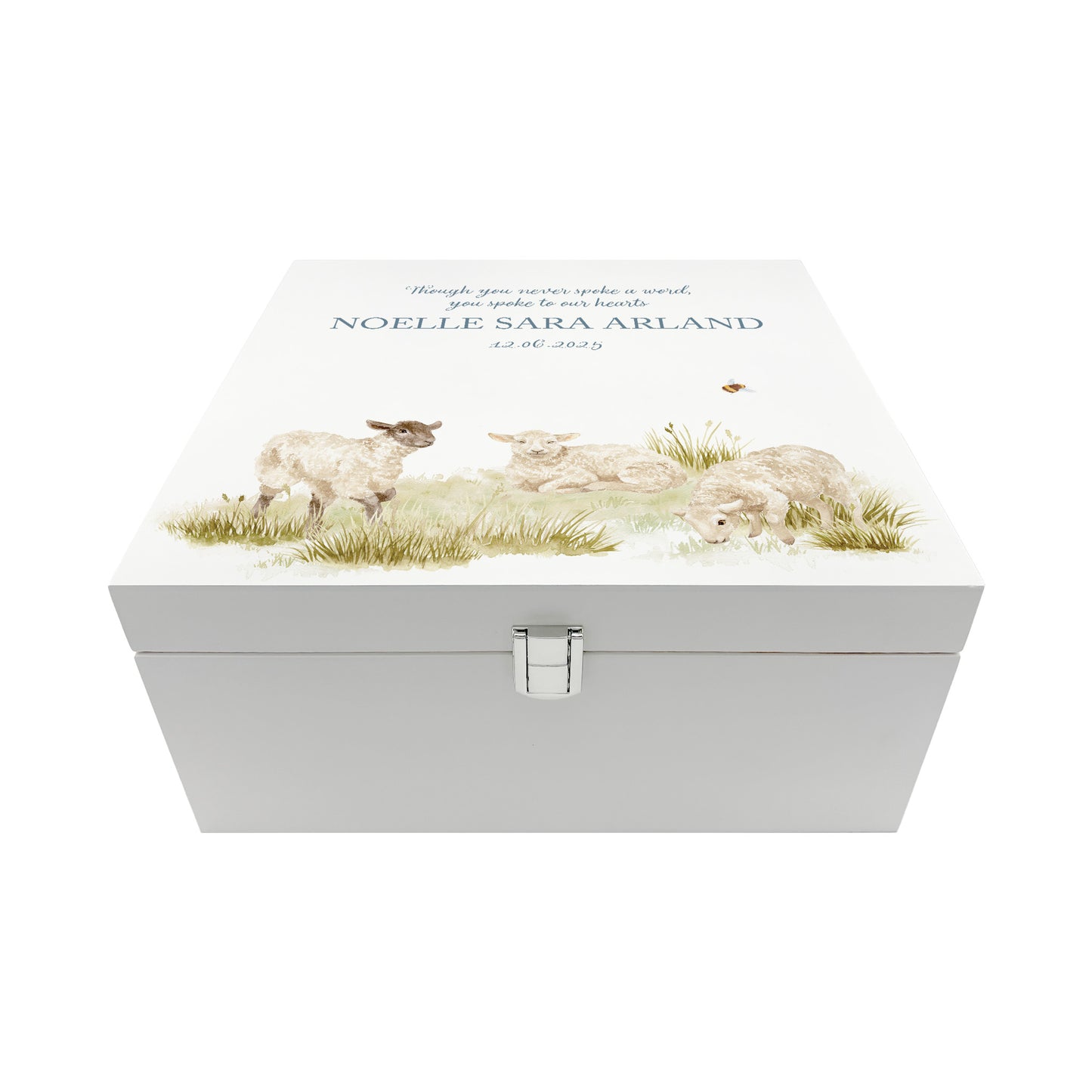 White Square Wooden box with a decorative lid featuring illustrations Baby Lamb Perfect funeral memory keepsake box, for storing ashes, order of service, flowers and coping with baby loss capturing your loved ones things in one place