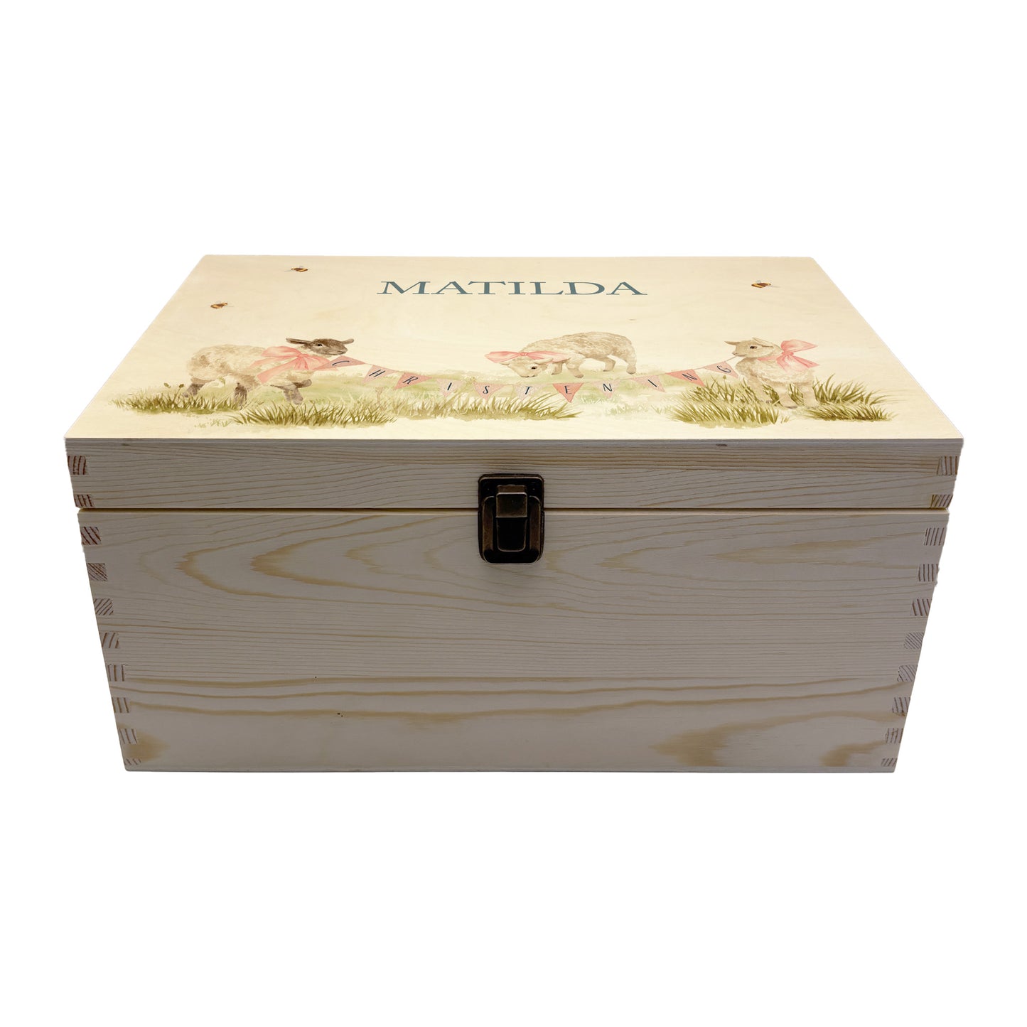 Large sized wooden pine personalised keepsake box. The design theme is perfect for New babies, Welcome to the world, baby showers and christenings. This design has baby lambs in playing in grass with a little bee flying around. This design can be personalised by adding a beautiful bunting and a luxurious bow around their necks in blue or pink. you can also add names , and special details about the special day or occasion. Add the extra special touch to your special occasion.