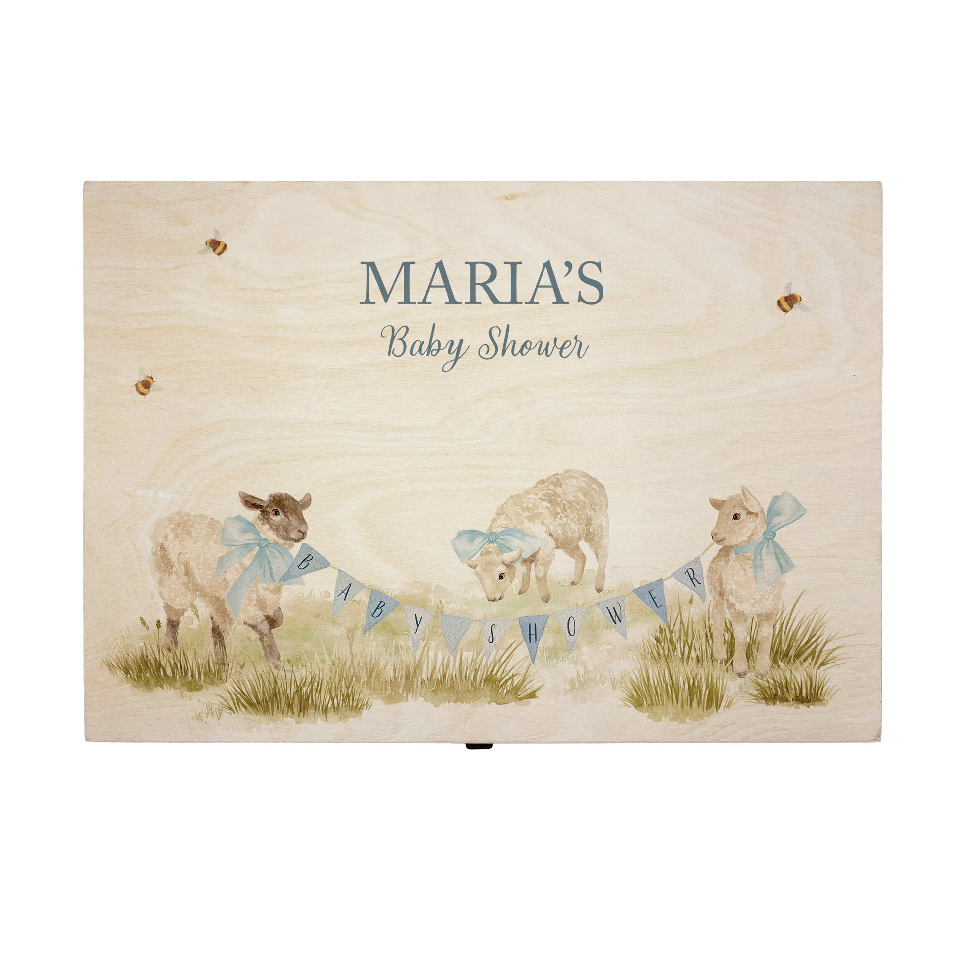 Large sized wooden pine personalised keepsake box. The design theme is perfect for New babies, Welcome to the world, baby showers and christenings. This design has baby lambs  in playing in grass with a little bee flying around.  This design can be personalised by adding a beautiful bunting and a luxurious bow around their necks in blue or pink. you can also add names , and special details about the special day or occasion.  Add the extra special touch to your special occasion.