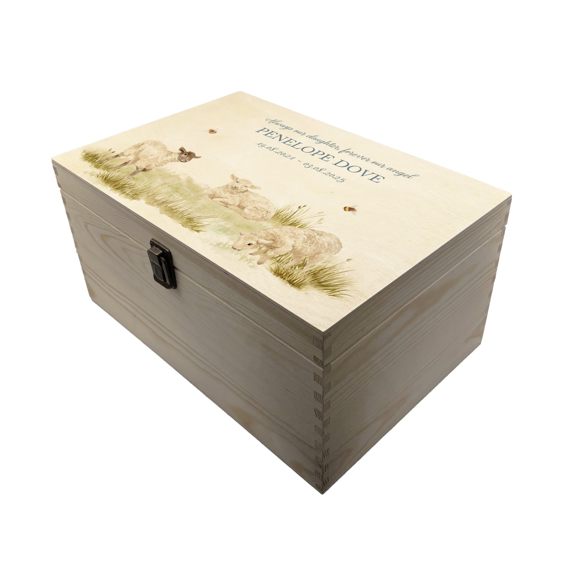 Wooden box with a decorative lid featuring illustrations Baby Lamb Perfect funeral memory keepsake box, for storing ashes, order of service, flowers and coping with baby loss capturing your loved ones things in one place