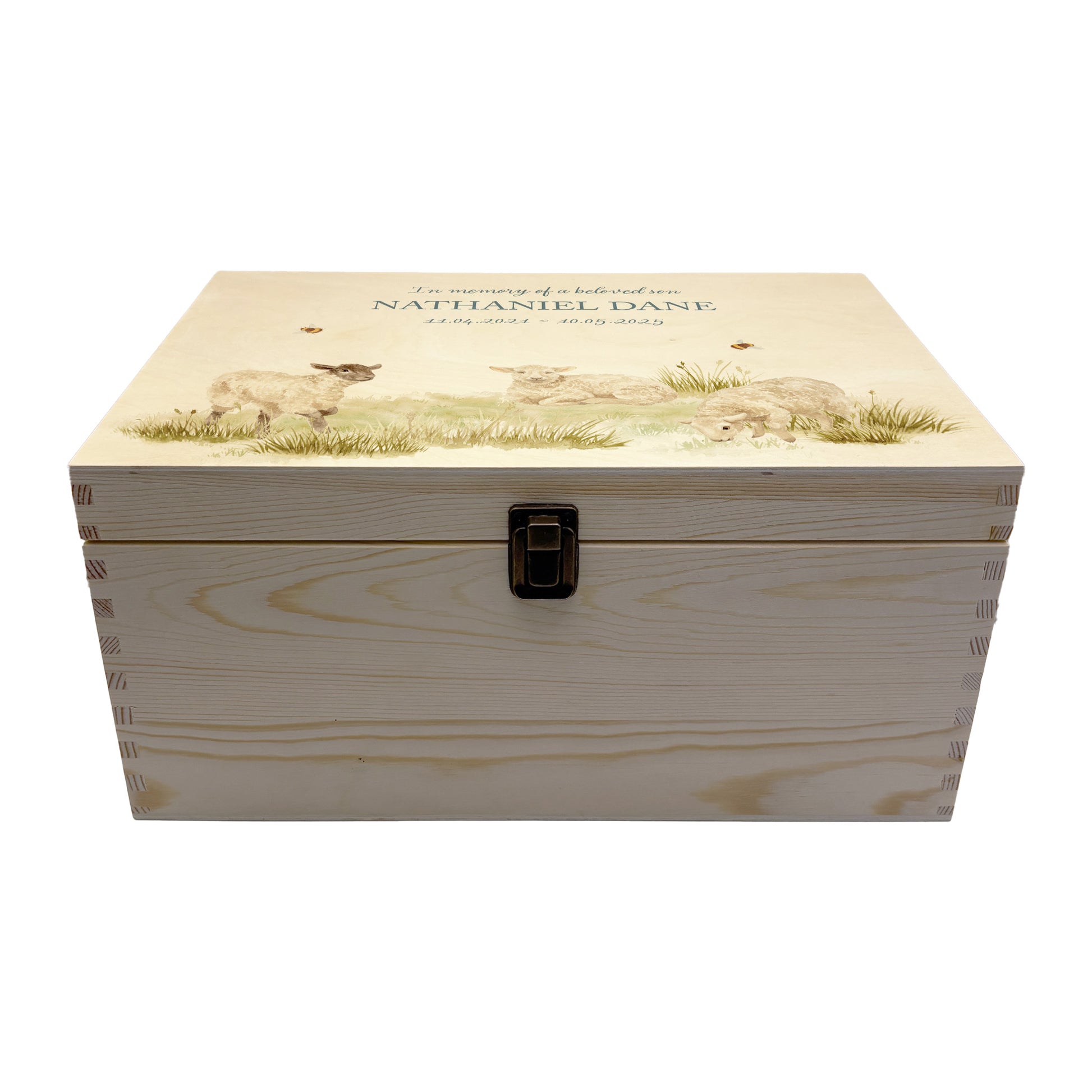 Wooden box with a decorative lid featuring illustrations Baby Lamb Perfect funeral memory keepsake box, for storing ashes, order of service, flowers and coping with baby loss capturing your loved ones things in one place