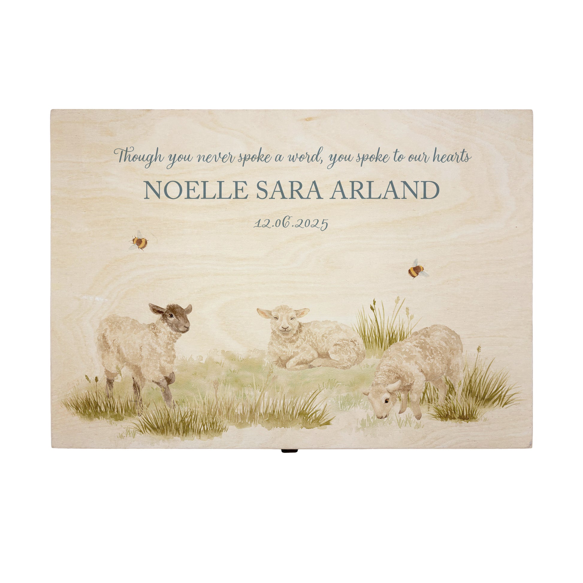 Wooden box with a decorative lid featuring illustrations Baby Lamb Perfect funeral memory keepsake box, for storing ashes, order of service, flowers and coping with baby loss capturing your loved ones things in one place