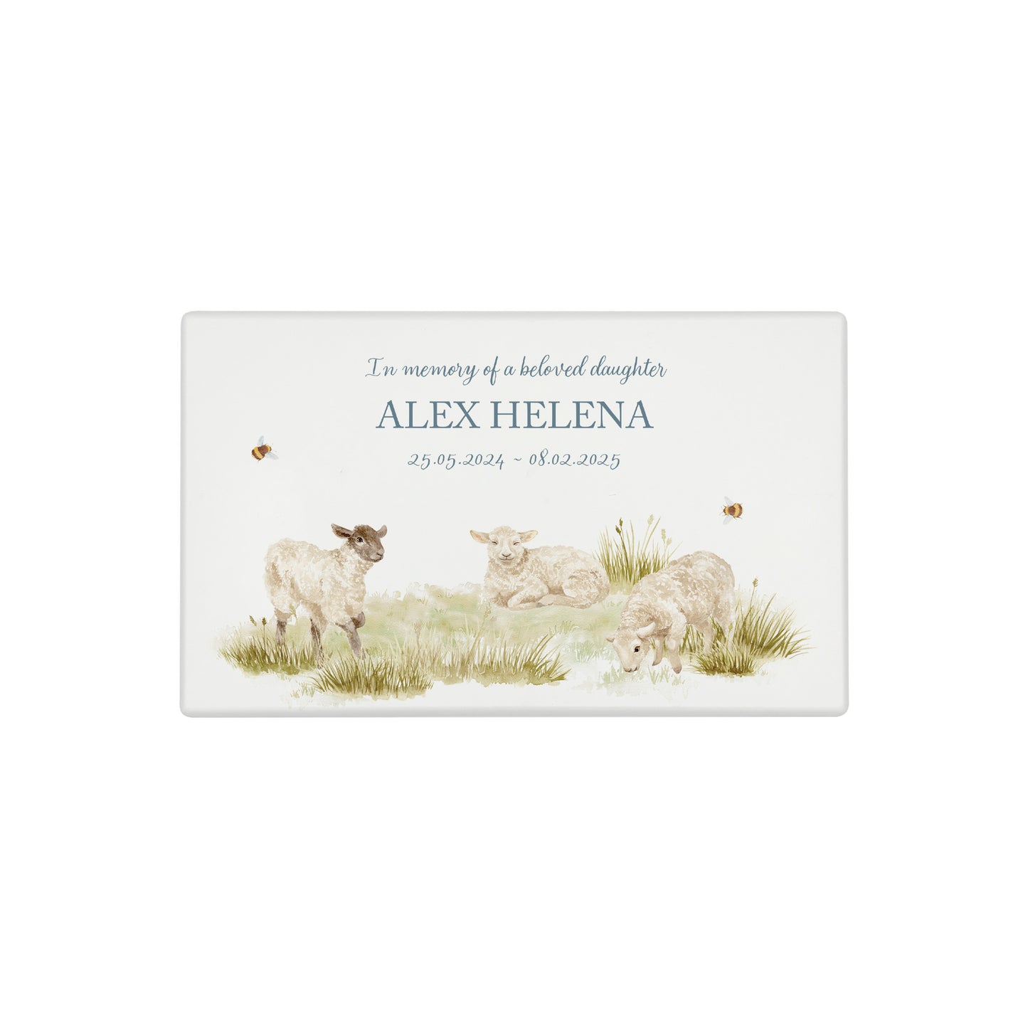 Luxury solid wooden white painted Urn , Featuring Baby Lambs, A watercolour illustration, our urns and Caskets for displaying or burying ashes. Customisable and can be personalised. Perfect funeral memory keepsake urn, for storing ashes for humans and pets. Coping with baby loss, baby memorial