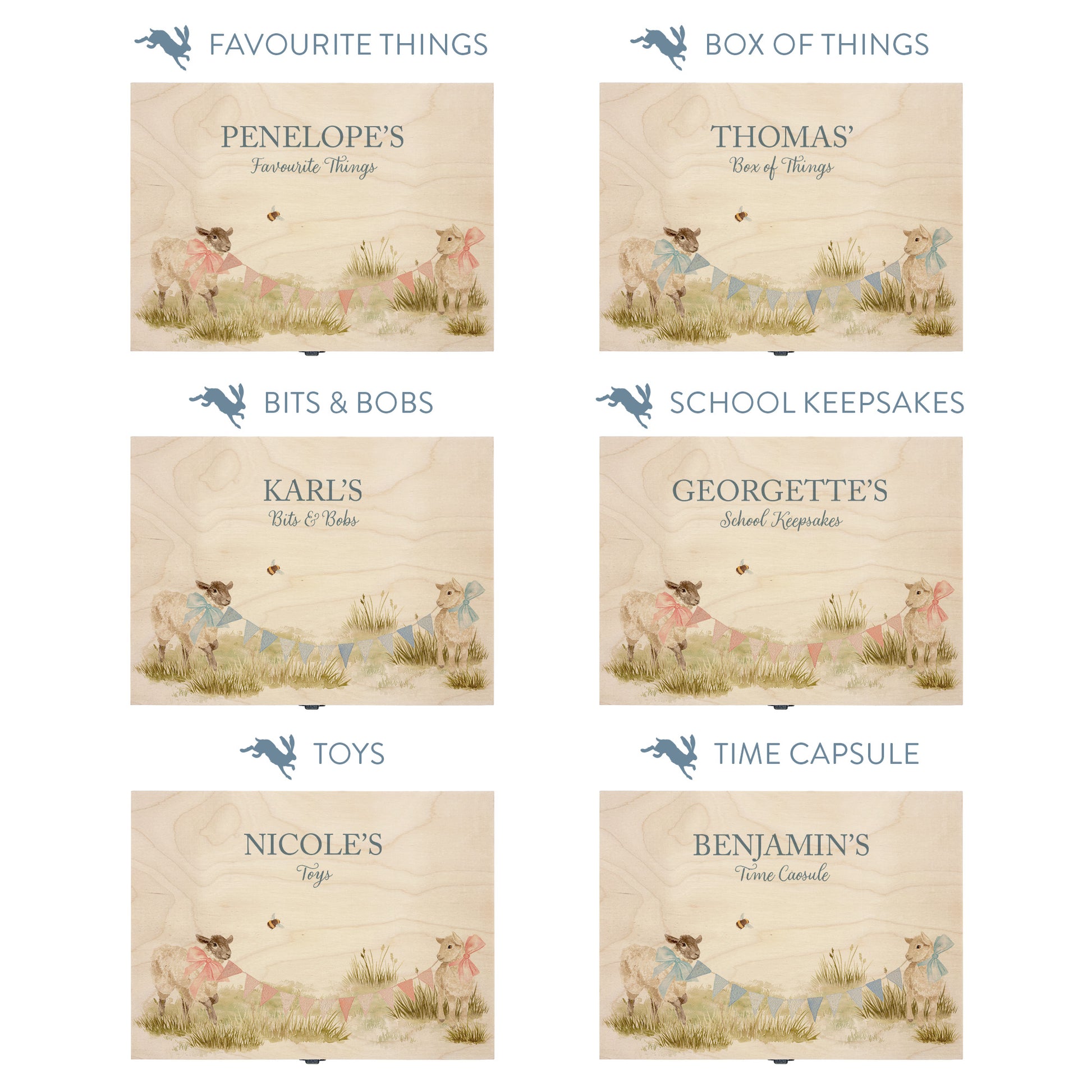 This baby animal design can be personalised by adding a beautiful bunting and a luxurious bow around their necks in blue or pink. Add the extra special touch to your special occasion.  This pictures shows examples of some different ways to personalise your beautiful gift box for your friend, loved one and little person in your life. "Box of things" "School keepsakes" "Time Capsule"  "Favourite things" "Bits and Bobs" "Toys" "Christening memory box"