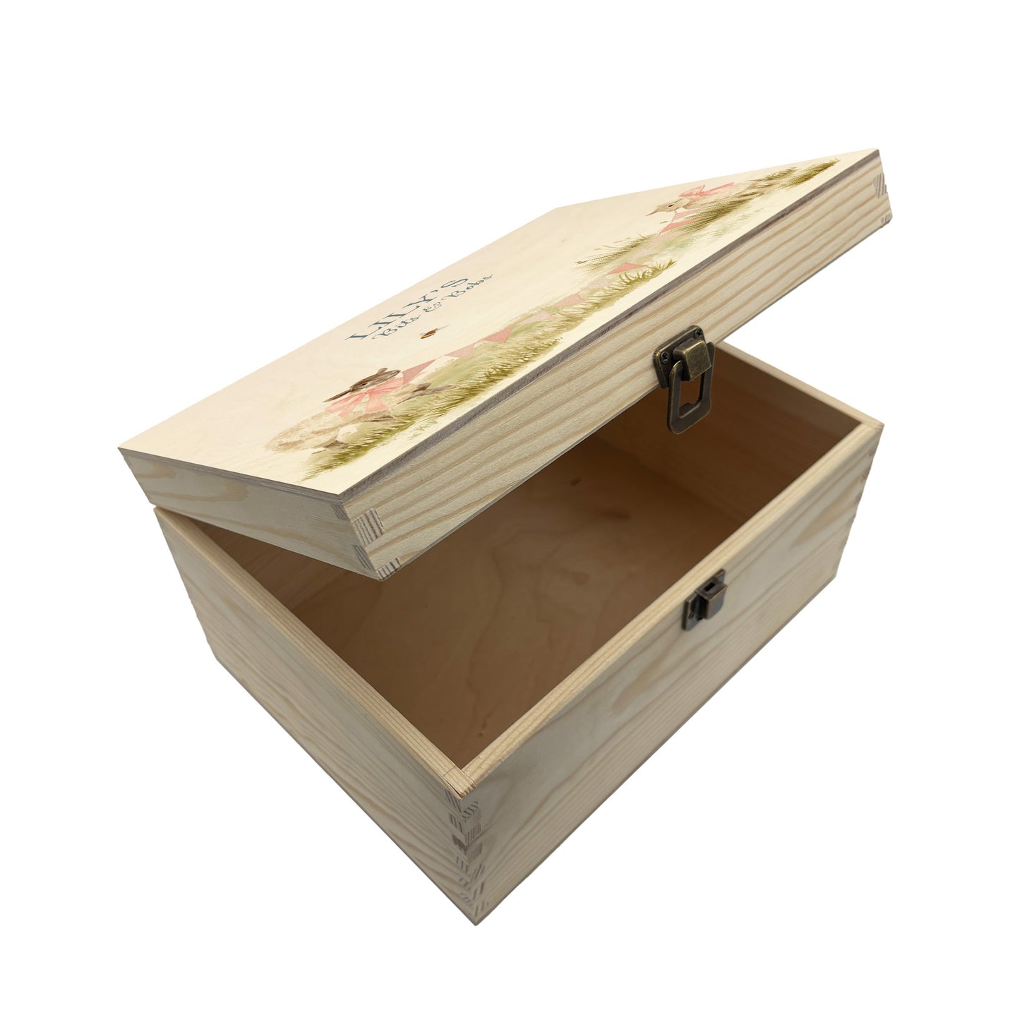 Medium sized wooden pine personalised keepsake box. The design theme is perfect for New babies, Welcome to the world, baby showers and christenings. This design has baby lambs  in playing in grass with a little bee flying around.  This design can be personalised by adding a beautiful bunting and a luxurious bow around their necks in blue or pink. you can also add names , and special details about the special day or occasion.  Add the extra special touch to your special occasion.