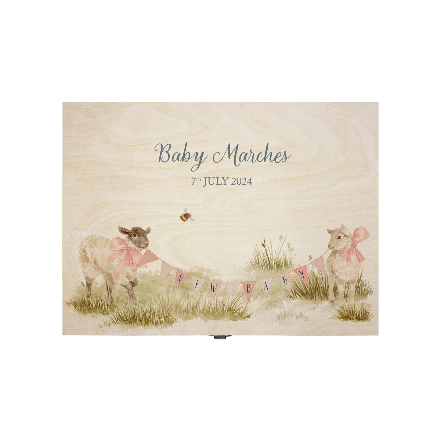 Medium sized wooden pine personalised keepsake box. The design theme is perfect for New babies, Welcome to the world, baby showers and christenings. This design has baby lambs  in playing in grass with a little bee flying around.  This design can be personalised by adding a beautiful bunting and a luxurious bow around their necks in blue or pink. you can also add names , and special details about the special day or occasion.  Add the extra special touch to your special occasion.