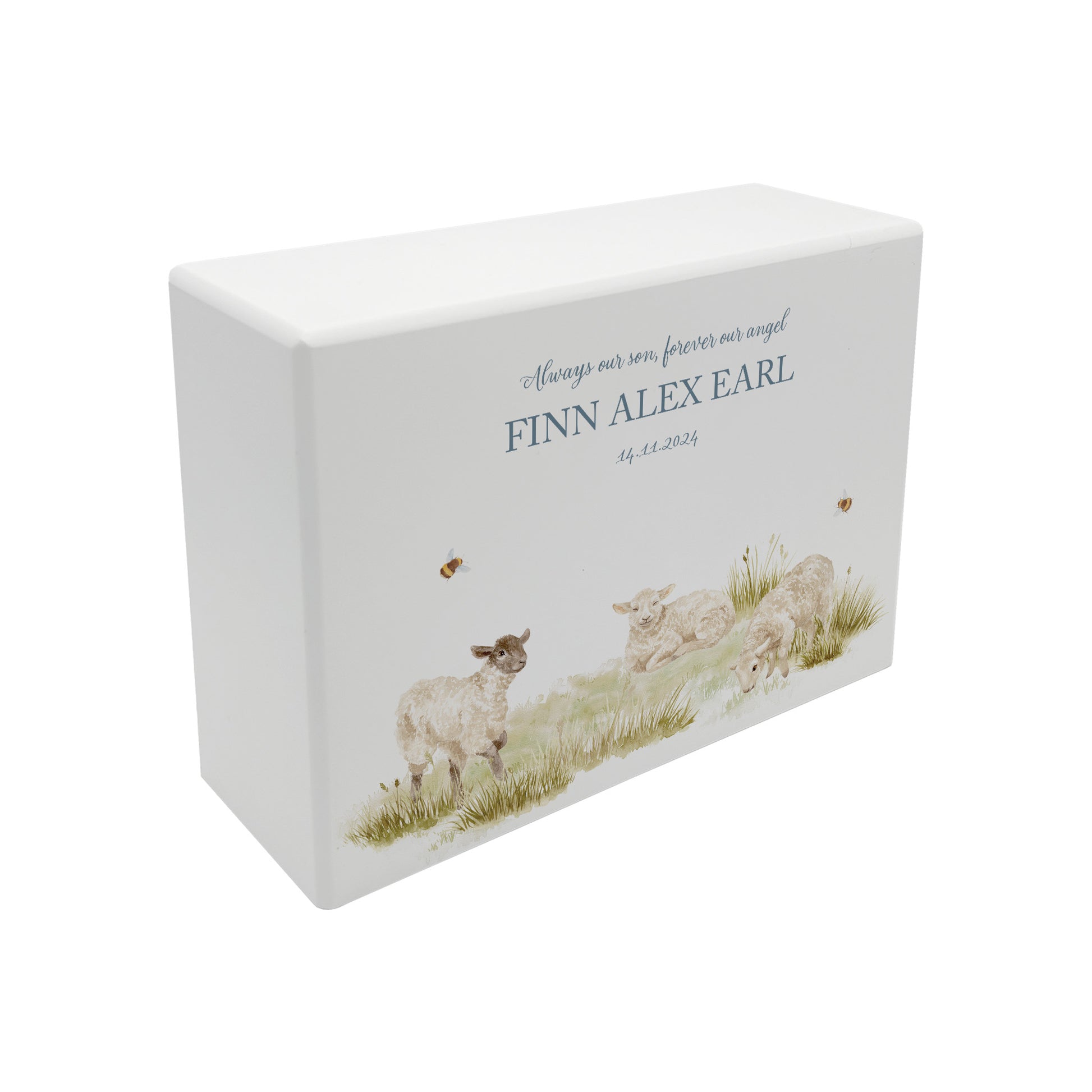 Luxury solid wooden white painted with Baby Lambs, a beautiful watercolour illustration our urns and Caskets for displaying or burying ashes. Customisable and can be personalised. Perfect funeral memory keepsake urn, for storing ashes for humans and pets. Coping with baby loss.