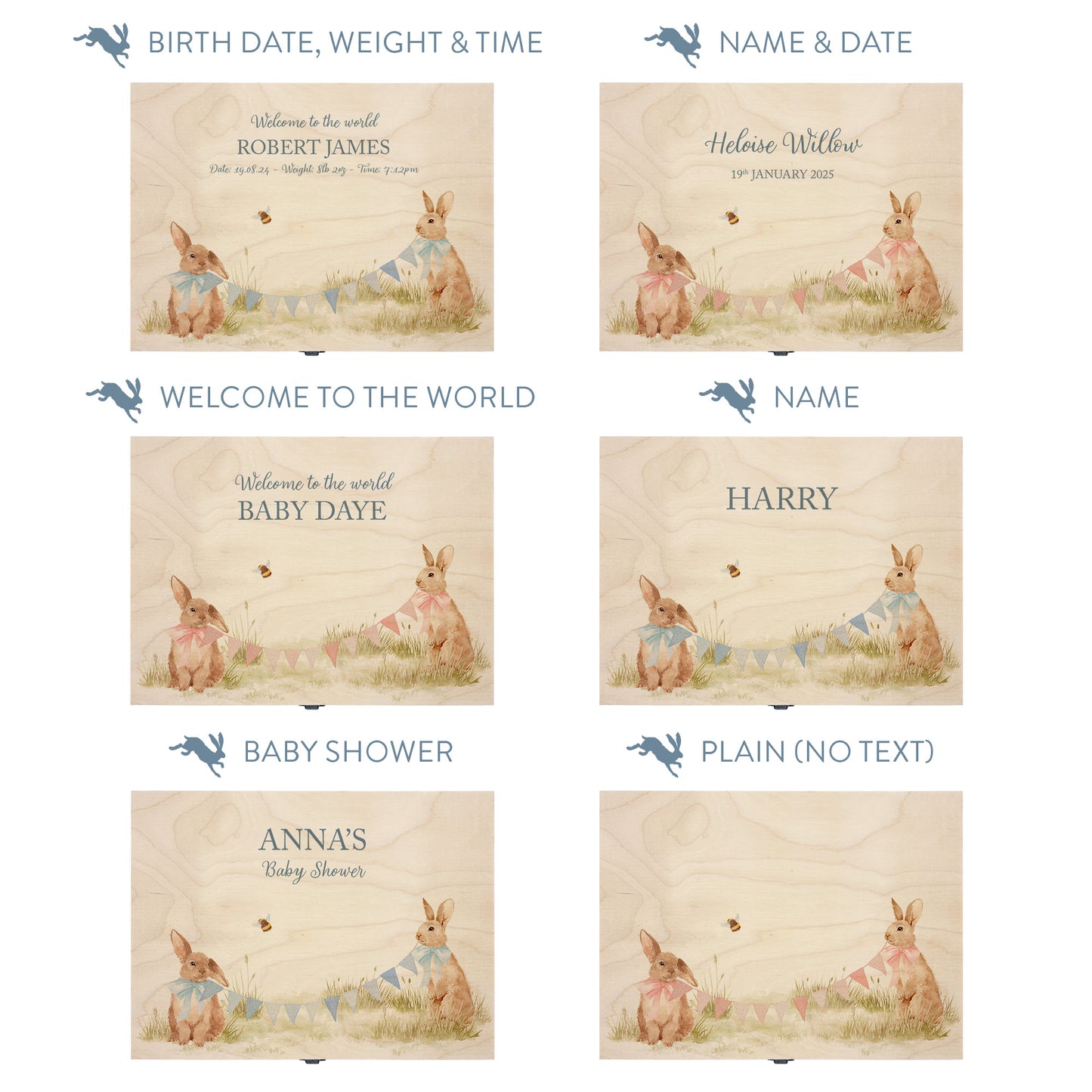 This baby animal design can be personalised by adding a beautiful bunting and a luxurious bow around their necks in blue or pink. Add the extra special touch to your special occasion.  This pictures shows examples of some different ways to personalise your beautiful gift box for your friend, loved one and little person in your life. "Box of things" "School keepsakes" "Time Capsule"  "Favourite things" "Bits and Bobs" "Toys" "Christening memory box"