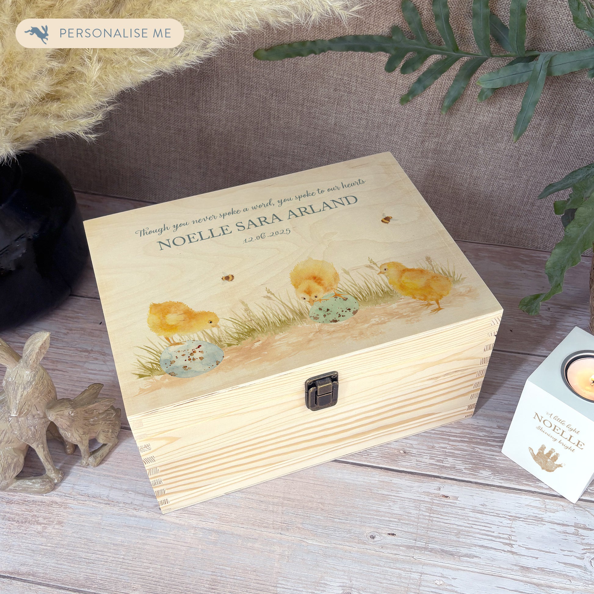 Wooden box with a decorative lid featuring illustrations Baby chicks Perfect funeral memory keepsake box, for storing ashes, order of service, flowers and coping with baby loss capturing your loved ones things in one place