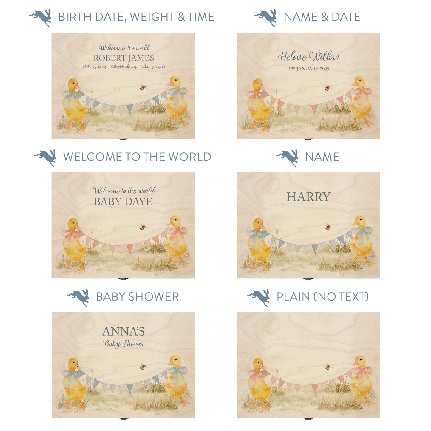 This baby animal design can be personalised by adding a beautiful bunting and a luxurious bow around their necks in blue or pink. Add the extra special touch to your special occasion.  This pictures shows examples of some different ways to personalise your beautiful gift box for your friend, loved one and little person in your life. "Box of things" "School keepsakes" "Time Capsule"  "Favourite things" "Bits and Bobs" "Toys" "Christening memory box"