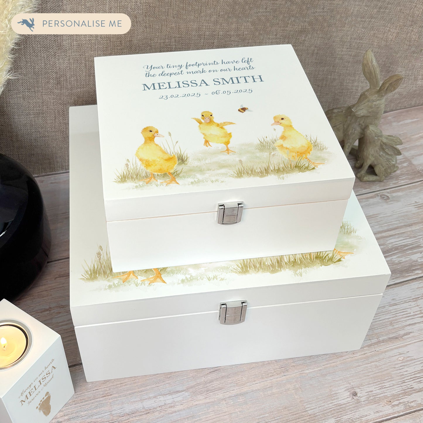 White Square personalised Wooden box with a decorative lid featuring illustrations Baby Ducklings Perfect funeral memory keepsake box, for storing ashes, order of service, flowers and coping with baby loss capturing your loved ones things in one place.