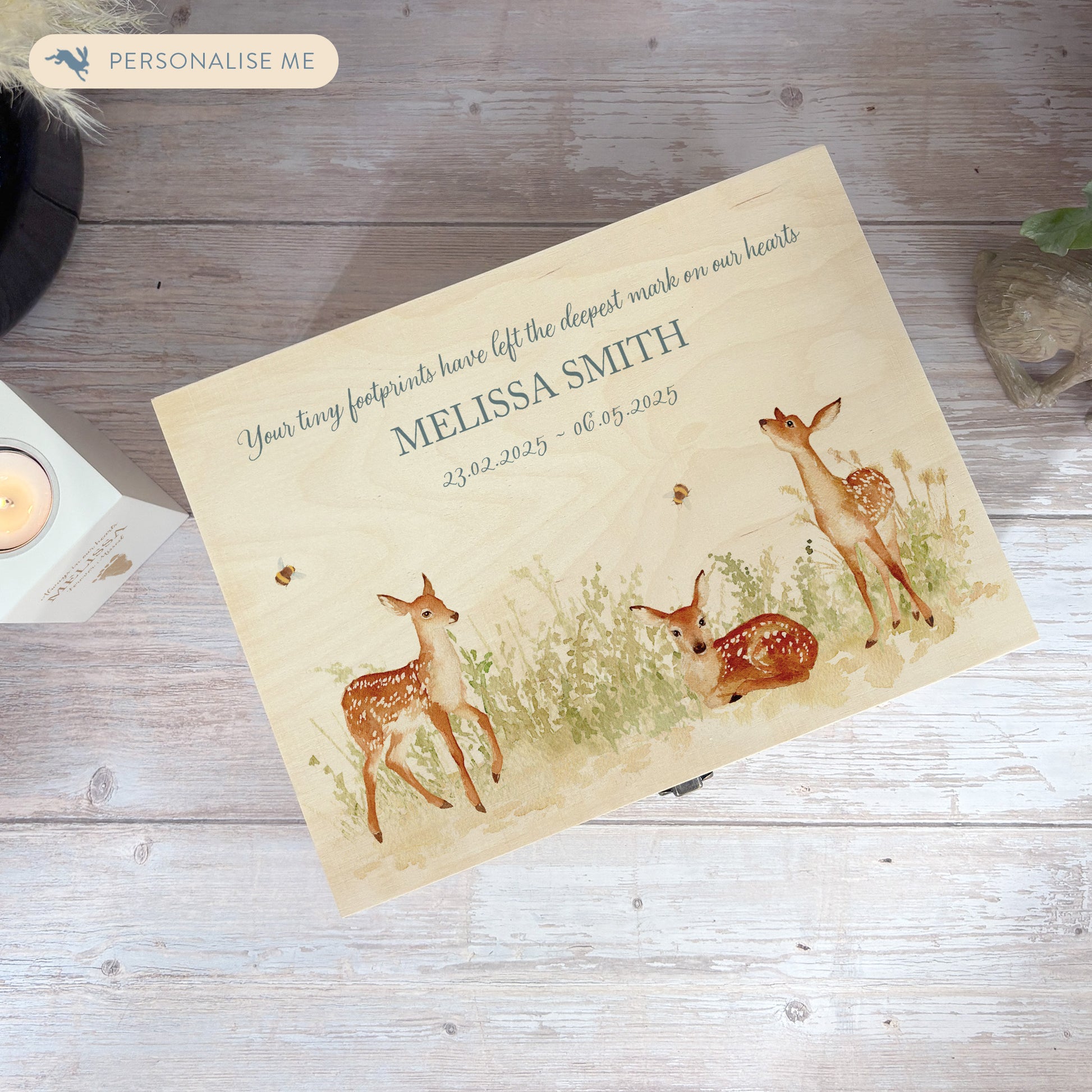 Wooden box with a decorative lid featuring illustrations Baby Fawn Perfect funeral memory keepsake box, for storing ashes, order of service, flowers and coping with baby loss capturing your loved ones things in one place
