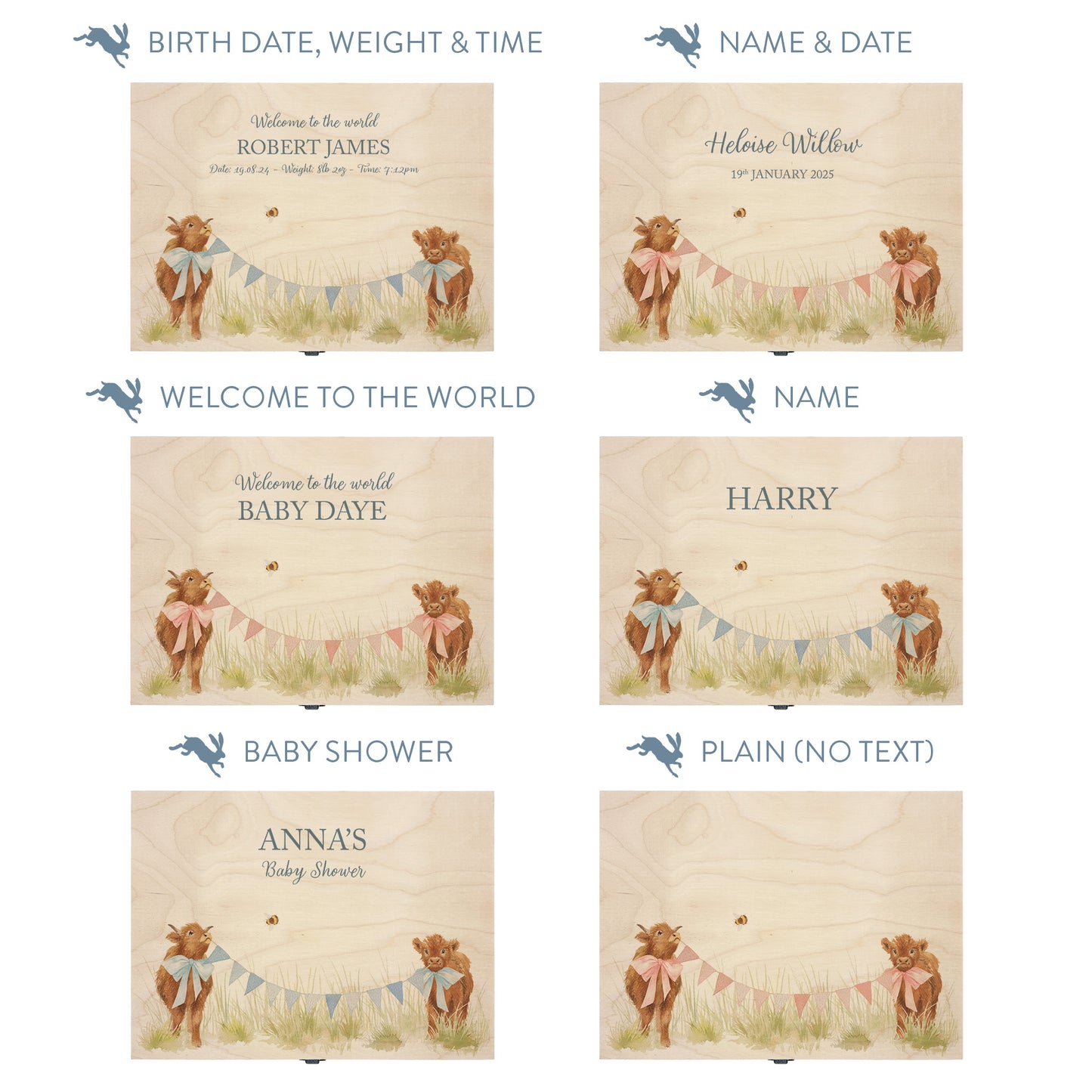 This baby animal design can be personalised by adding a beautiful bunting and a luxurious bow around their necks in blue or pink. Add the extra special touch to your special occasion.  This pictures shows examples of some different ways to personalise your beautiful gift box for your friend, loved one and little person in your life. "Box of things" "School keepsakes" "Time Capsule"  "Favourite things" "Bits and Bobs" "Toys" "Christening memory box"