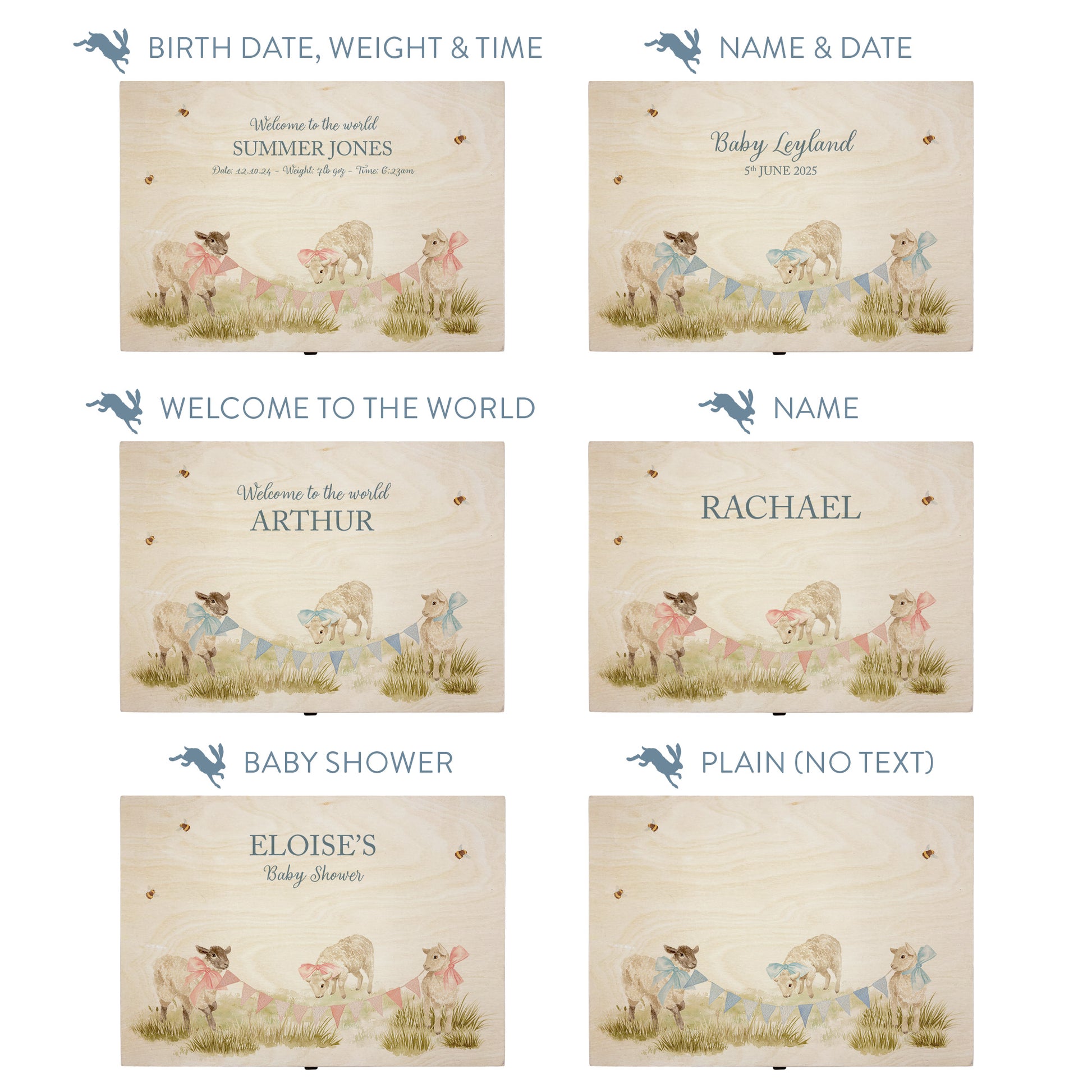 This baby animal design can be personalised by adding a beautiful bunting and a luxurious bow around their necks in blue or pink. Add the extra special touch to your special occasion.  This pictures shows examples of some different ways to personalise your beautiful gift box for your friend, loved one and little person in your life. "Box of things" "School keepsakes" "Time Capsule"  "Favourite things" "Bits and Bobs" "Toys" "Christening memory box"