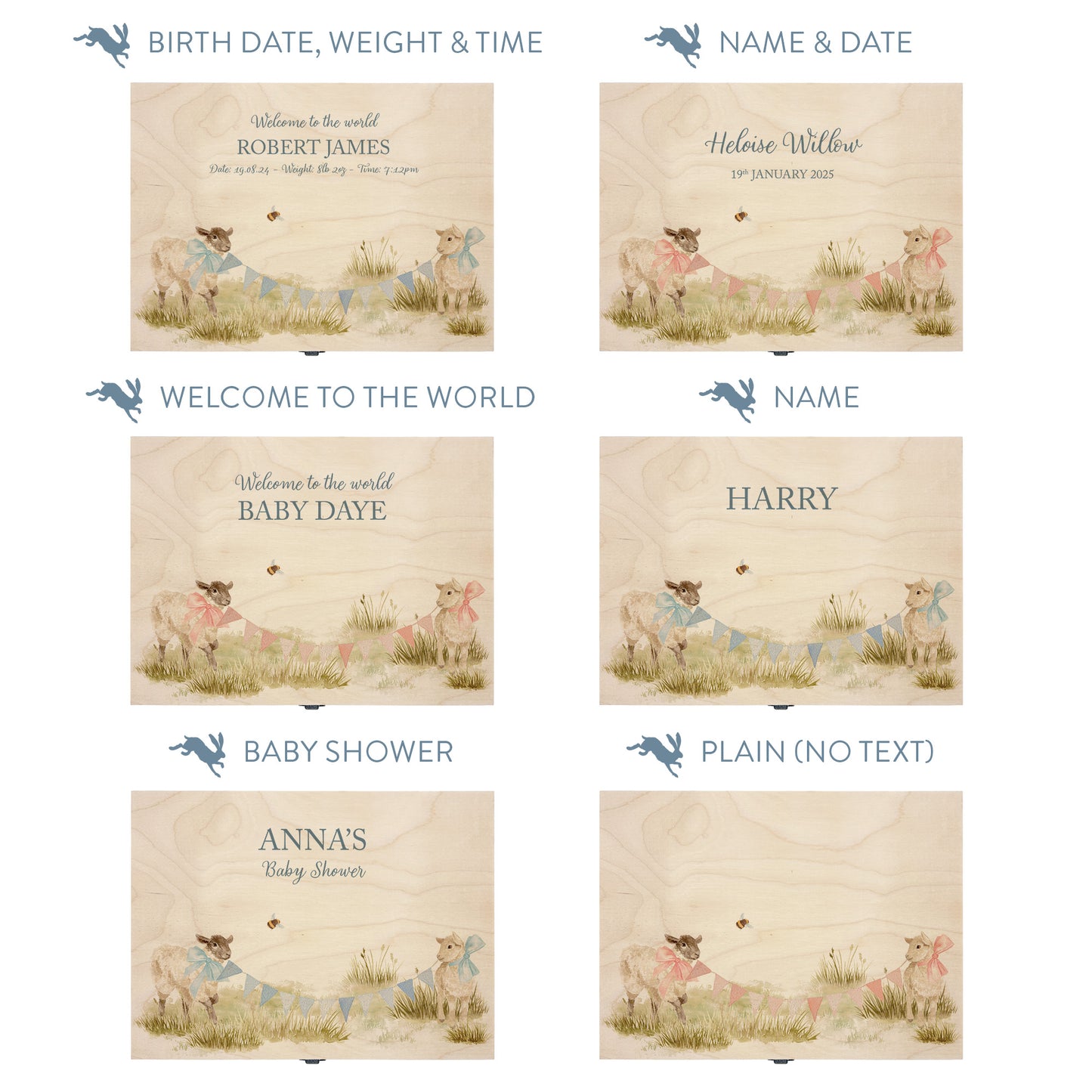 This baby animal design can be personalised by adding a beautiful bunting and a luxurious bow around their necks in blue or pink. Add the extra special touch to your special occasion.  This pictures shows examples of some different ways to personalise your beautiful gift box for your friend, loved one and little person in your life. "Box of things" "School keepsakes" "Time Capsule"  "Favourite things" "Bits and Bobs" "Toys" "Christening memory box"