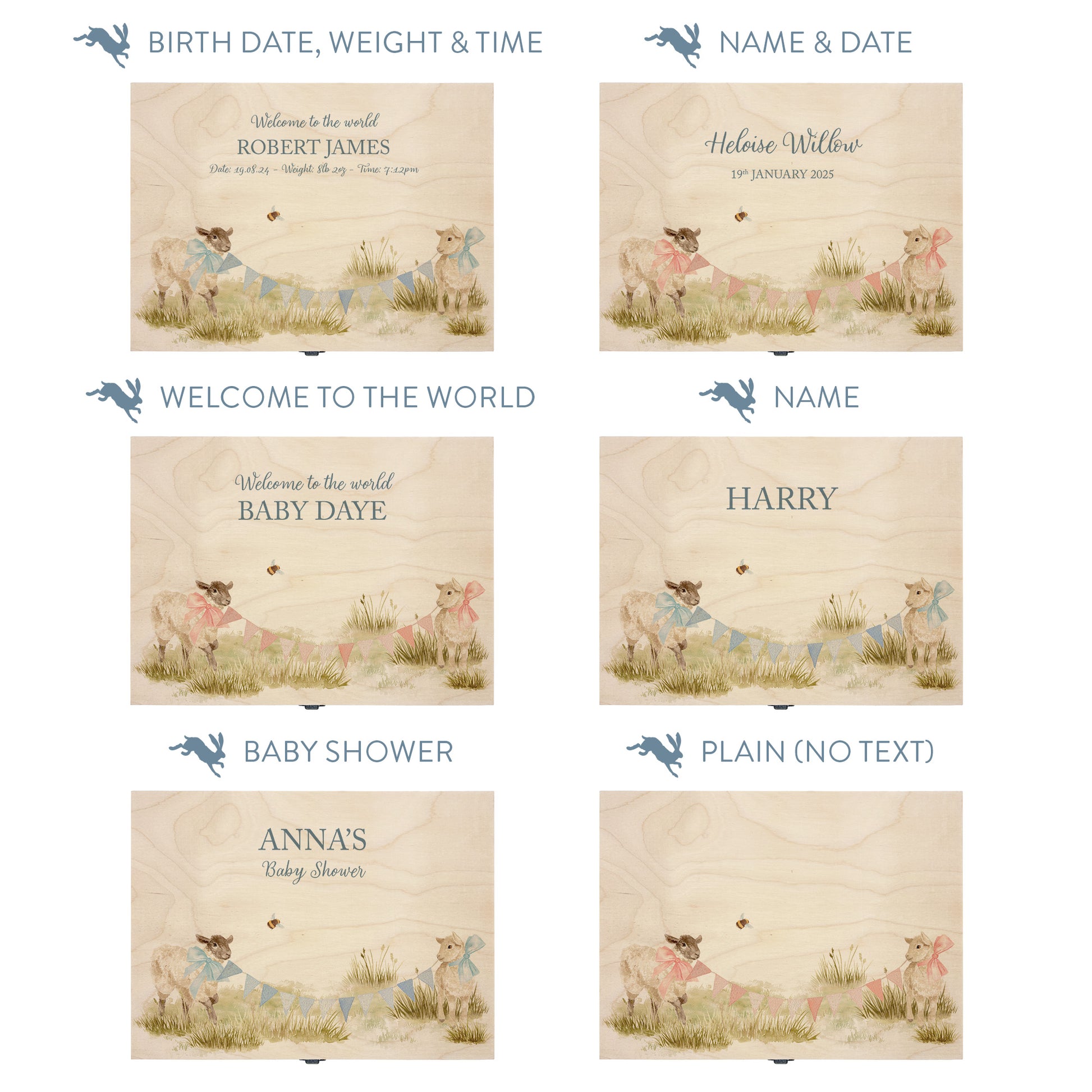 This baby animal design can be personalised by adding a beautiful bunting and a luxurious bow around their necks in blue or pink. Add the extra special touch to your special occasion.  This pictures shows examples of some different ways to personalise your beautiful gift box for your friend, loved one and little person in your life. "Box of things" "School keepsakes" "Time Capsule"  "Favourite things" "Bits and Bobs" "Toys" "Christening memory box"