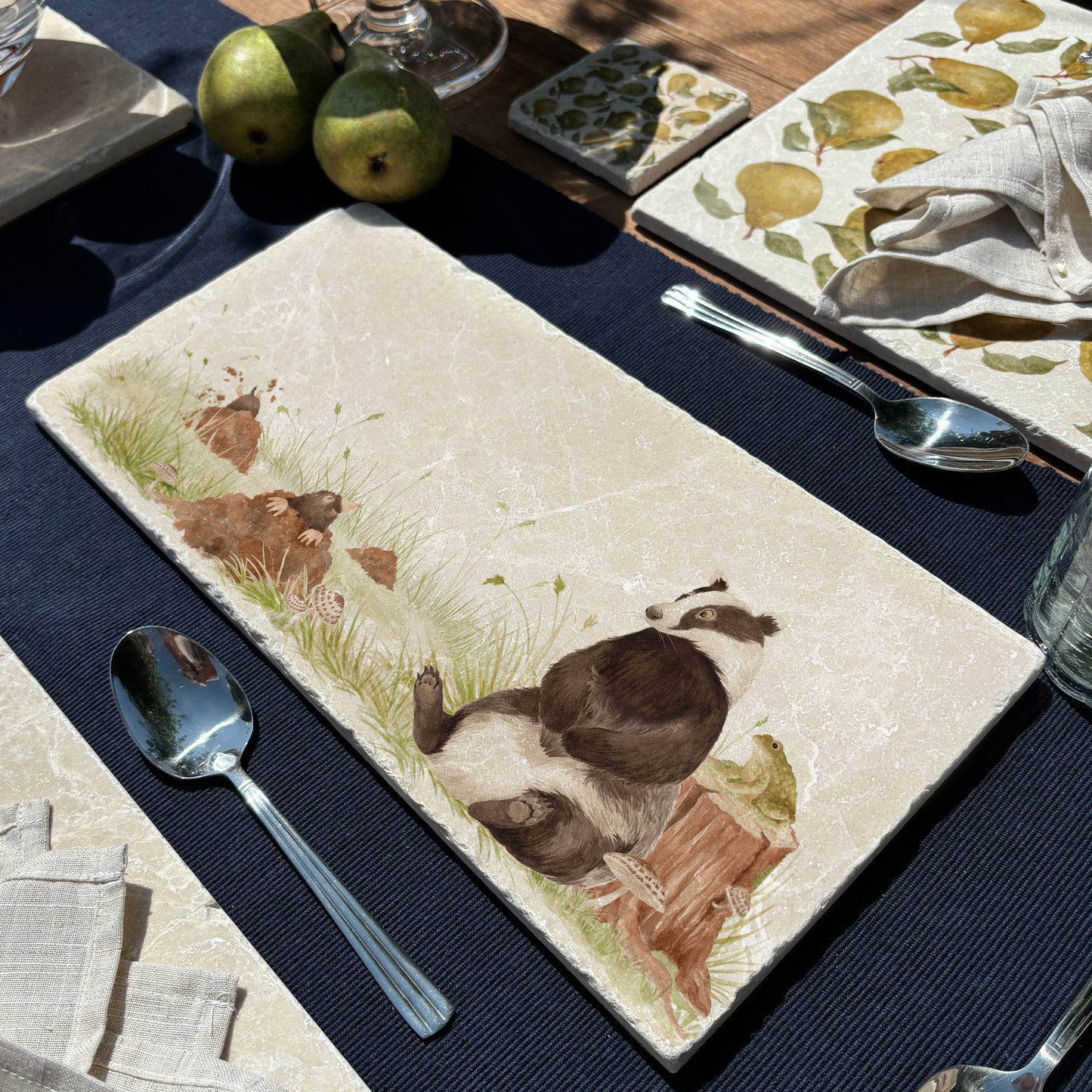 natural stone featuring a badger, mole and a toad. The perfect centre for any home