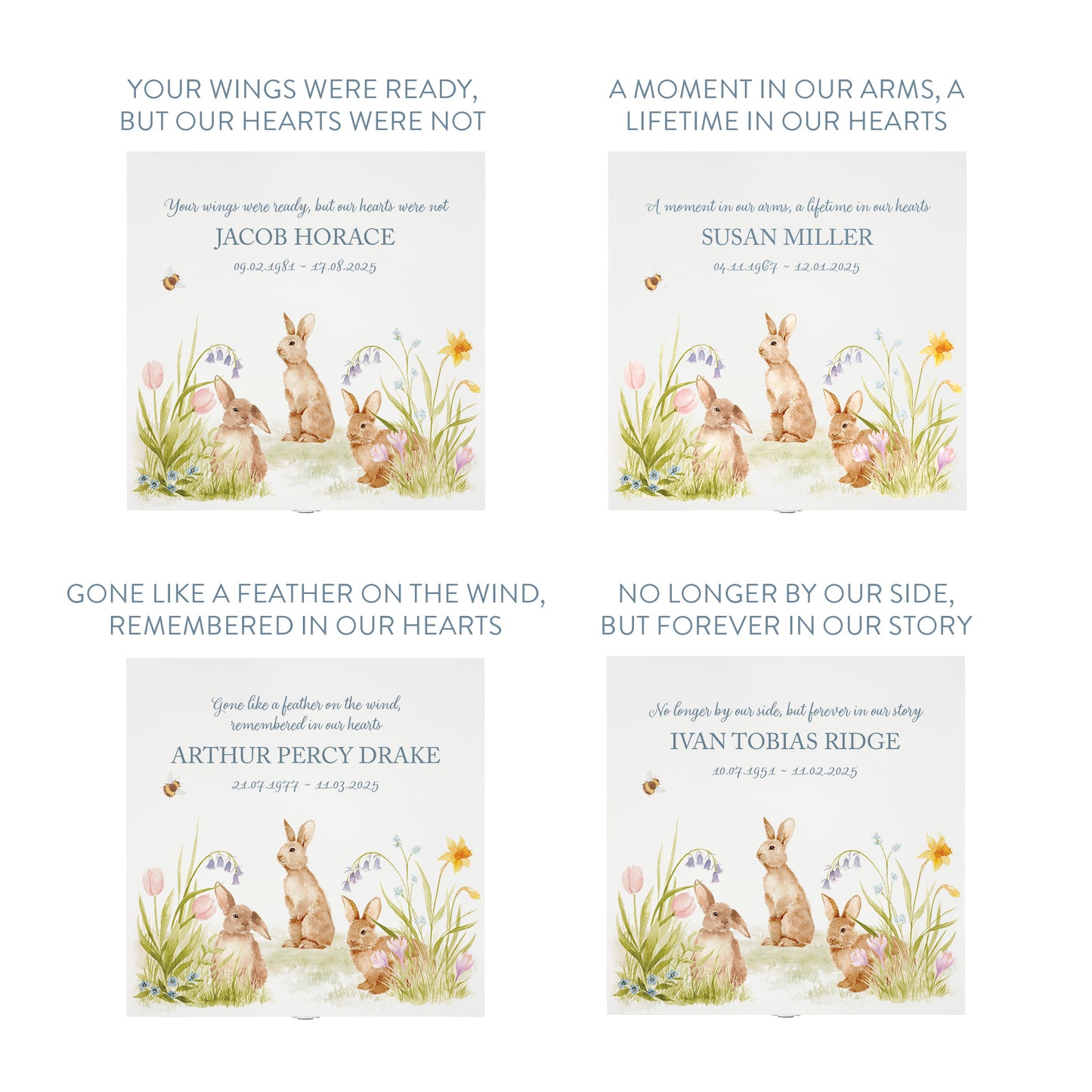 White Square personalised Wooden box with a decorative lid featuring illustrations Bunnies in flowers Perfect funeral memory keepsake box, for storing ashes, order of service, flowers and capturing your loved ones things in one place. Available in red, blue, yellow and green