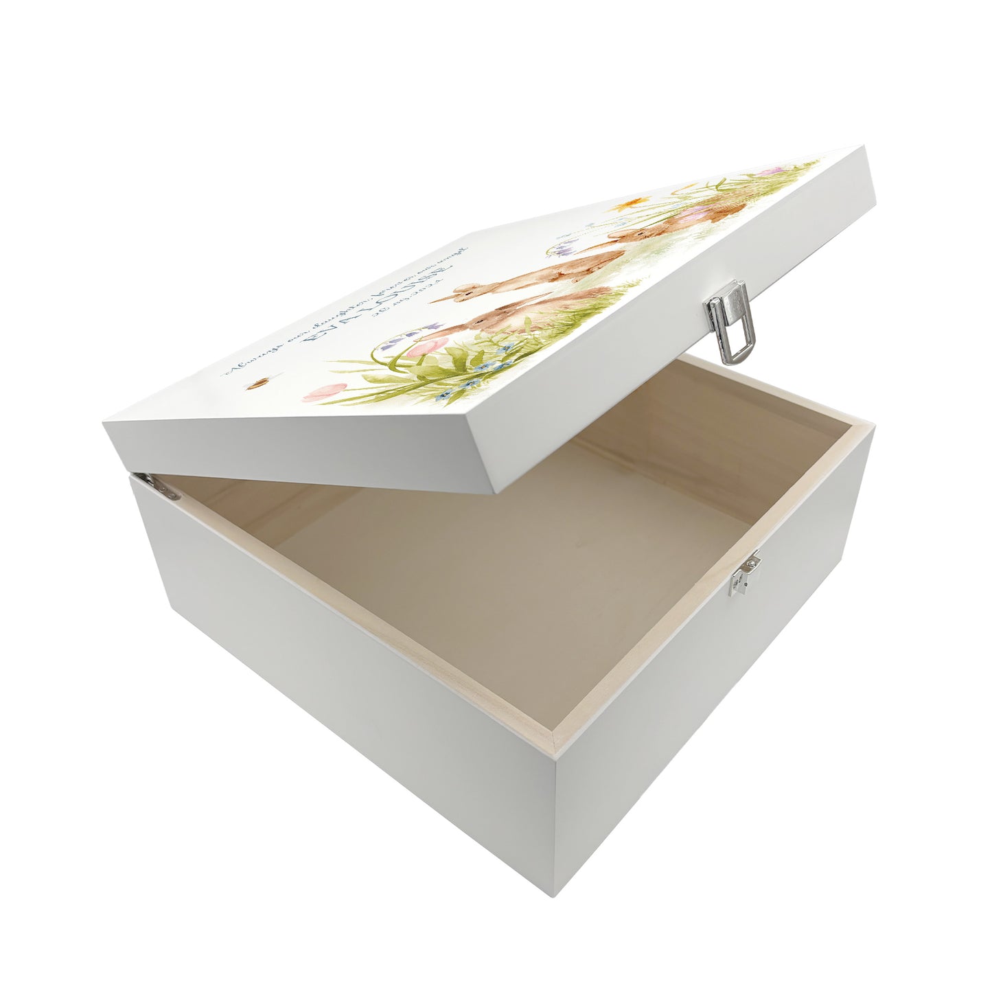 White Square personalised Wooden box with a decorative lid featuring illustrations Bunnies in flowers Perfect funeral memory keepsake box, for storing ashes, order of service, flowers and capturing your loved ones things in one place. Available in red, blue, yellow and green