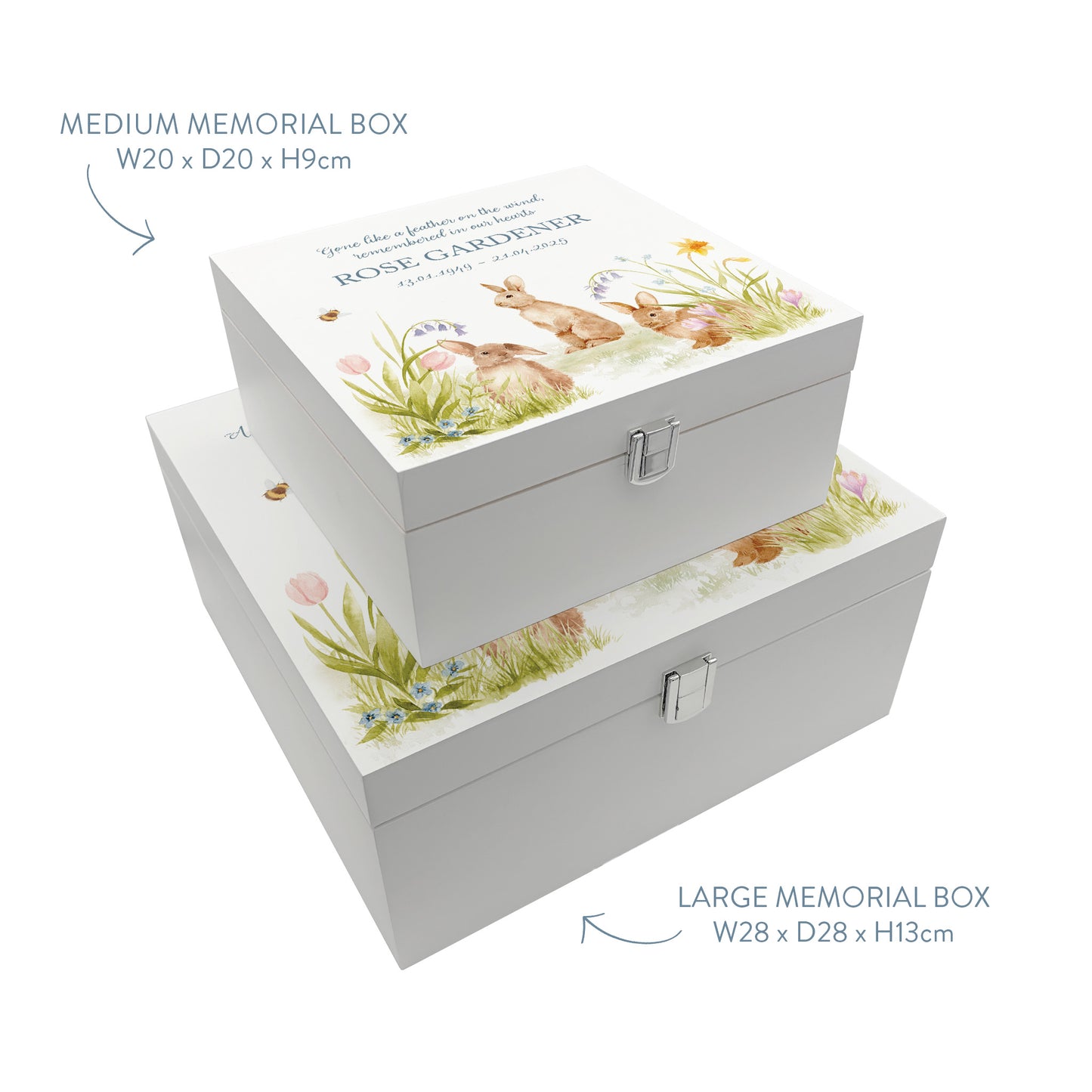 White Square personalised Wooden box with a decorative lid featuring illustrations Bunnies in flowers Perfect funeral memory keepsake box, for storing ashes, order of service, flowers and capturing your loved ones things in one place. Available in red, blue, yellow and green