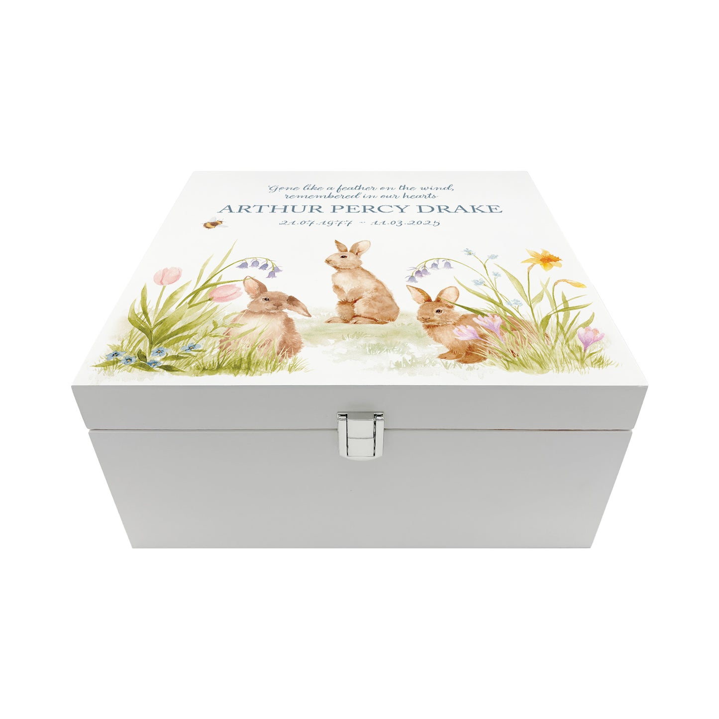 White Square personalised Wooden box with a decorative lid featuring illustrations Bunnies in flowers Perfect funeral memory keepsake box, for storing ashes, order of service, flowers and capturing your loved ones things in one place. Available in red, blue, yellow and green