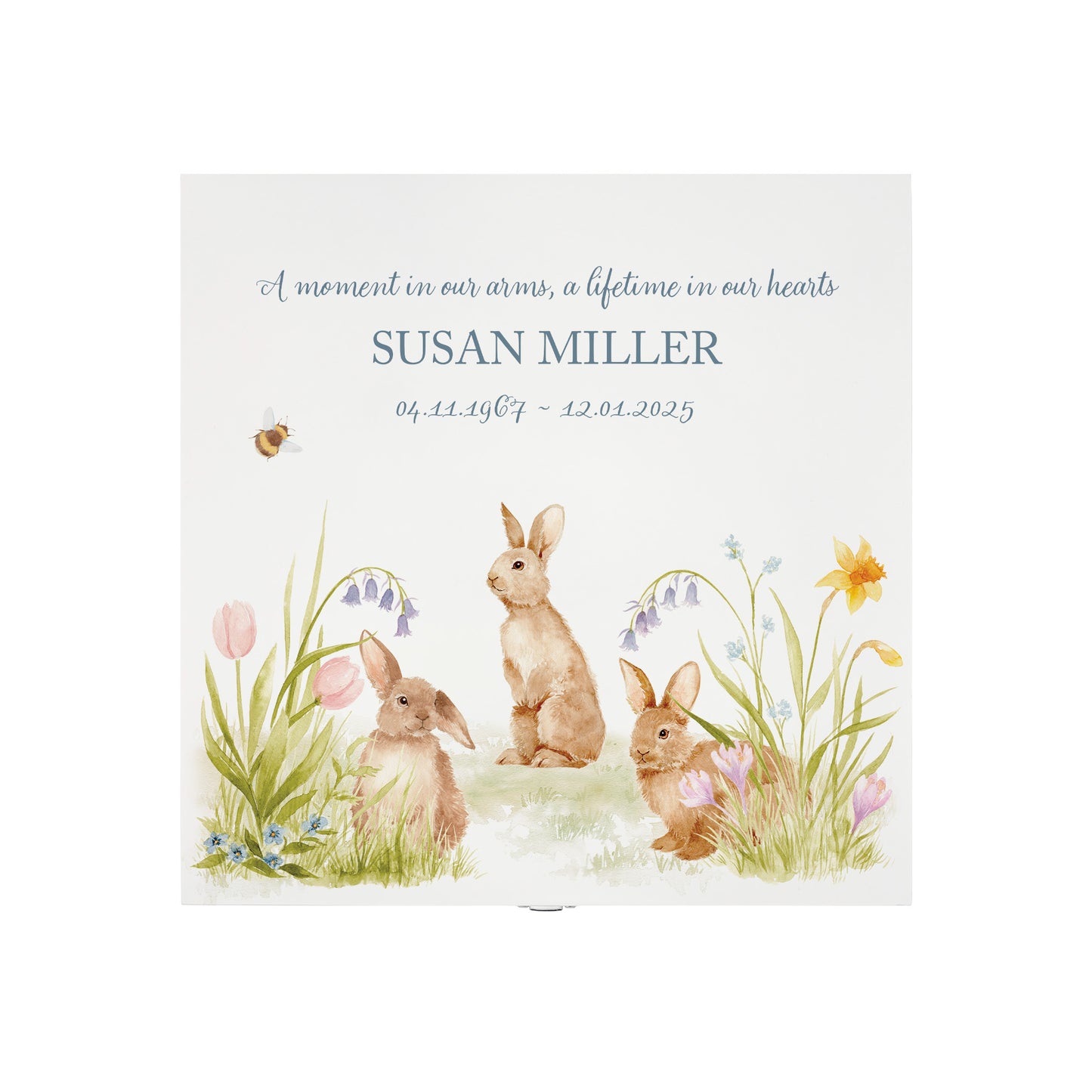 White Square personalised Wooden box with a decorative lid featuring illustrations Bunnies in flowers Perfect funeral memory keepsake box, for storing ashes, order of service, flowers and capturing your loved ones things in one place. Available in red, blue, yellow and green