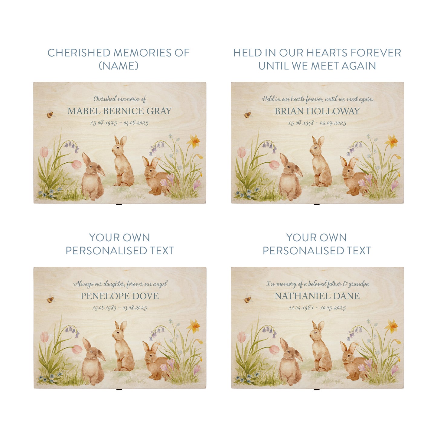 Four memorial cards with rabbit illustrations and customizable text on a white background. Wooden box with rabbit illustration on a wooden background. Wooden box with a decorative lid featuring animal illustrations on a wooden background. Perfect funeral memory keepsake box, for storing ashes, order of service, flowers, pictures.