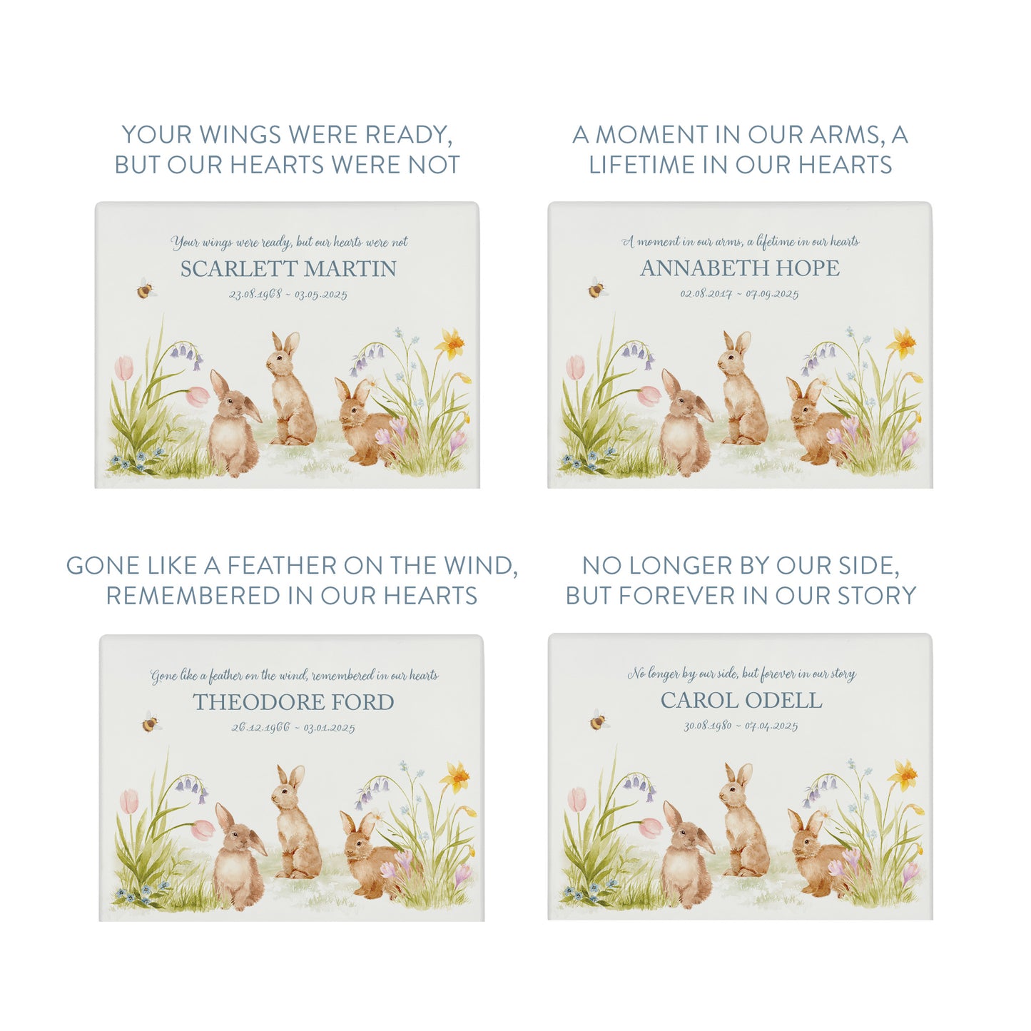 Bunnies in a flower meadow a beautiful watercolour illustration our urns and Caskets for displaying or burying ashes. Customisable and can be personalised. Perfect funeral memory keepsake urn, for storing ashes for humans and pets