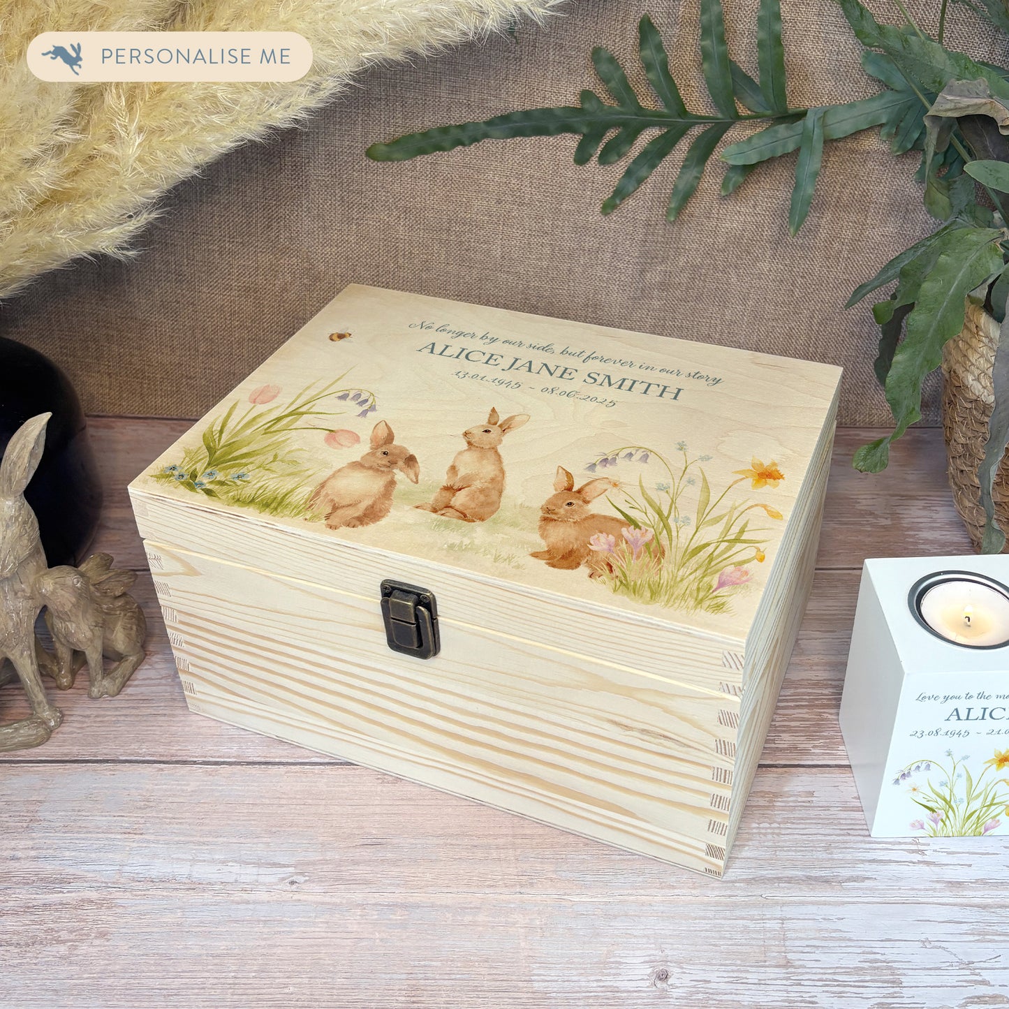 Wooden box with a decorative lid featuring animal illustrations on a wooden background. Perfect funeral memory keepsake box, for storing ashes, order of service, flowers, pictures.