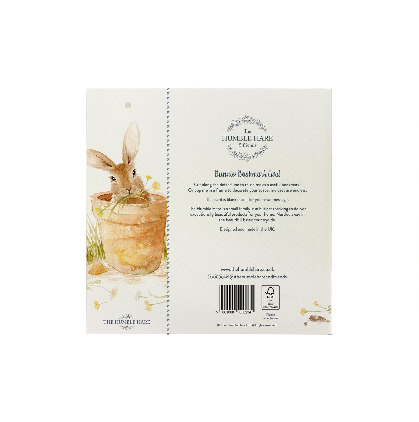 The back of a bookmark greetings card featuring a rabbit in a flowerpot in a watercolour style. The back of the card shows The Humble Hare logo and that the card is FSC certified.