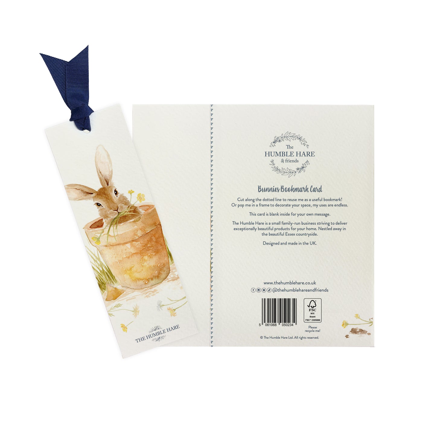 The back of a greetings card showing that it can be reused as a bookmark featuring a rabbit eating flowers in a flowerpot.