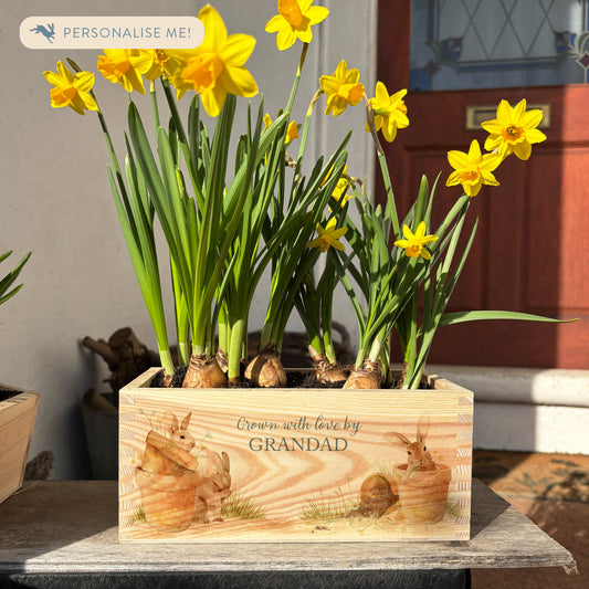 A rectangle wooden planter full of bright daffodils. The planter box shows a watercolour design of cute bunny rabbits playing in terracotta pots. The planter is personalised with a special 'grown with love' message and custom name. An ideal gift for gardeners or special occasions.