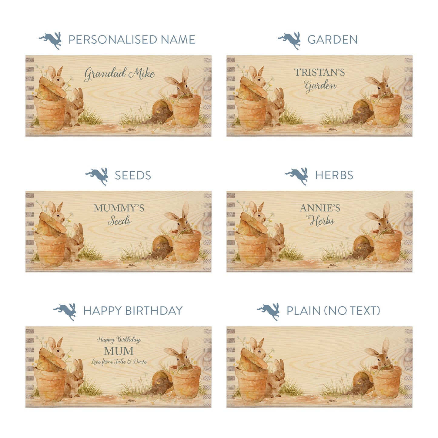 Personalised phrase options for a rectangle wooden planter box with a watercolour design of cute bunny rabbits in plant pots. Choose your phrase to suit any occasion including birthday, wedding, anniversary, engagement, and new home.