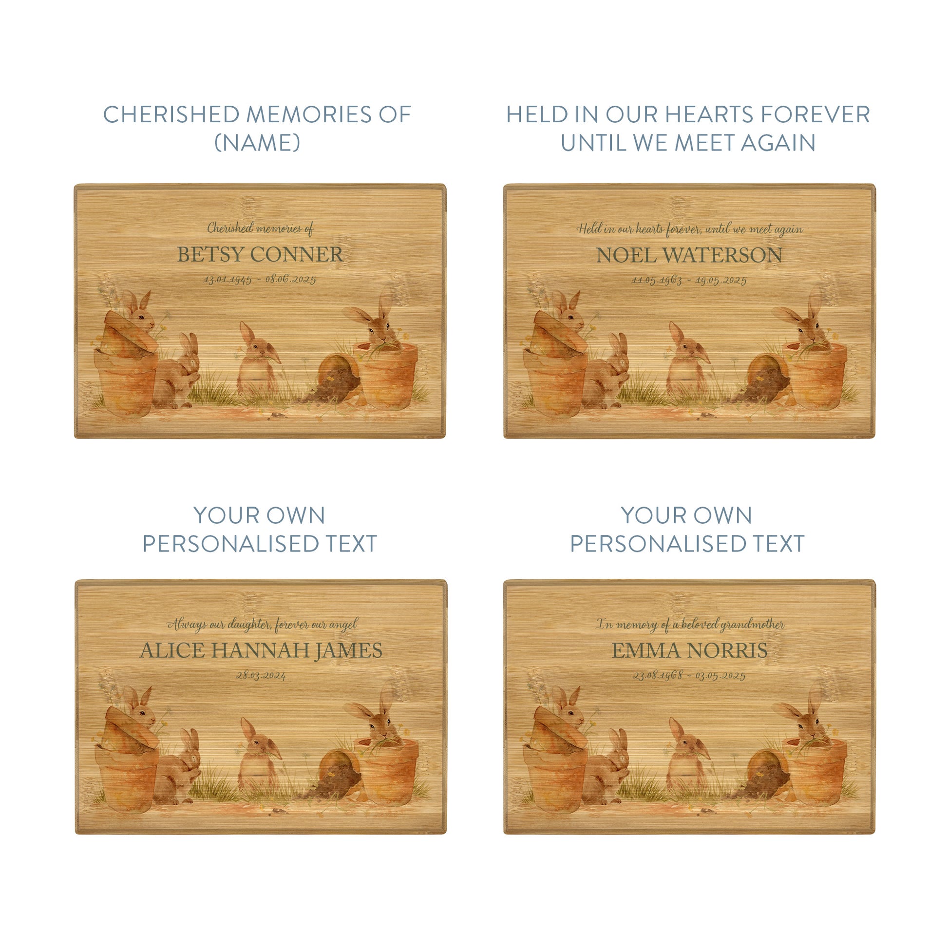 A beautifully crafted solid Bamboo wooden urn, finished with a soft watercolour design of Bunny's in pots  Thoughtfully made for either display or burial, this personalised urn can be customised to create a meaningful memorial. Perfect for holding ashes of a loved one or a beloved pet, it serves as a comforting tribute and keepsake.