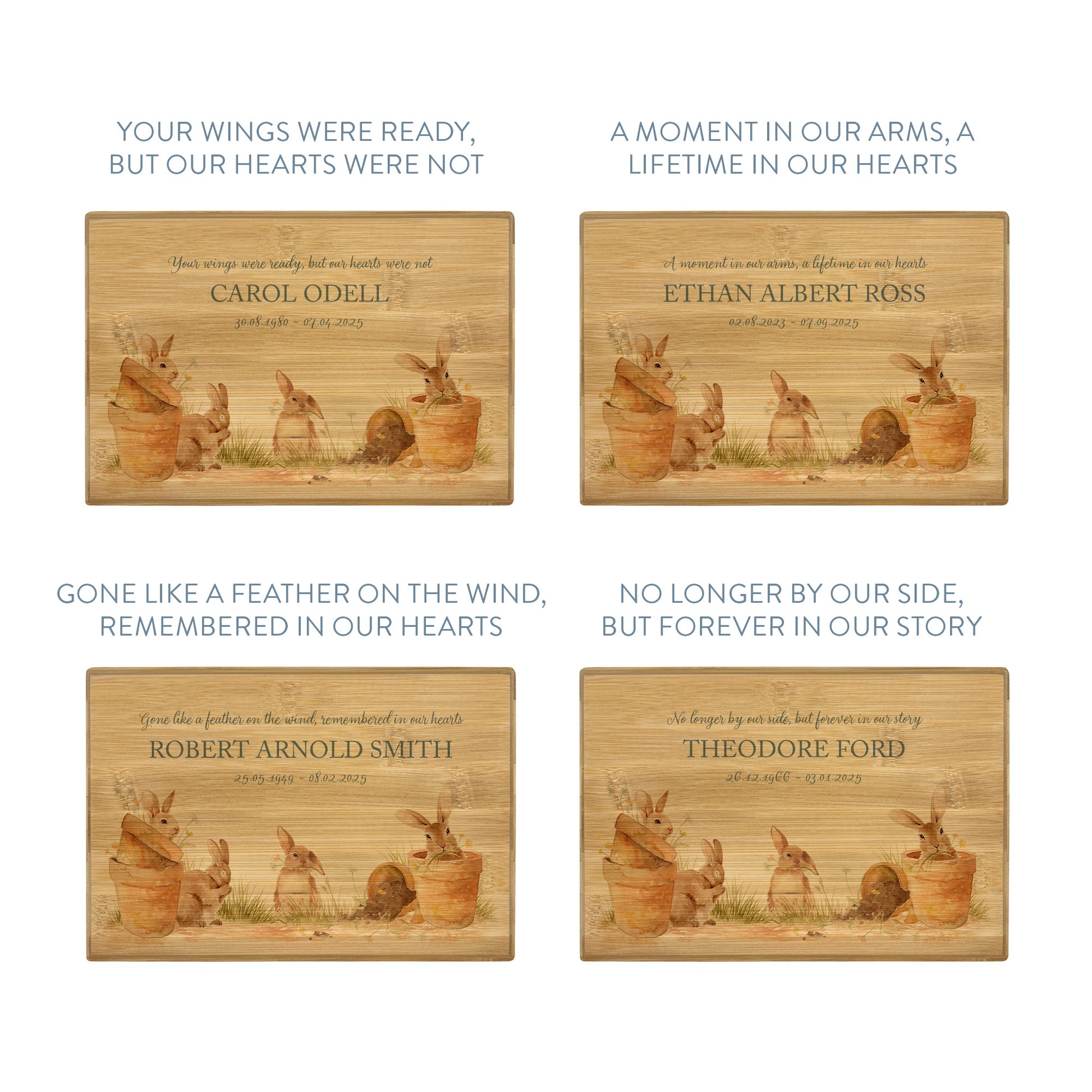 A beautifully crafted solid Bamboo wooden urn, finished with a soft watercolour design of Bunny's in pots  Thoughtfully made for either display or burial, this personalised urn can be customised to create a meaningful memorial. Perfect for holding ashes of a loved one or a beloved pet, it serves as a comforting tribute and keepsake.