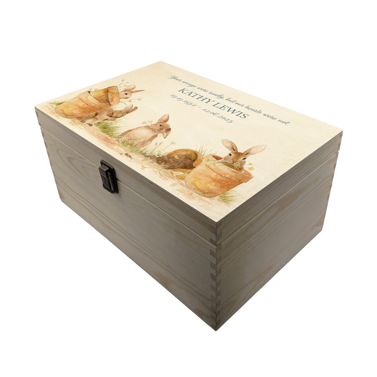 Wooden box with a decorative lid featuring animal illustrations on a wooden background. Perfect funeral memory keepsake box, for storing ashes, order of service, flowers, pictures.