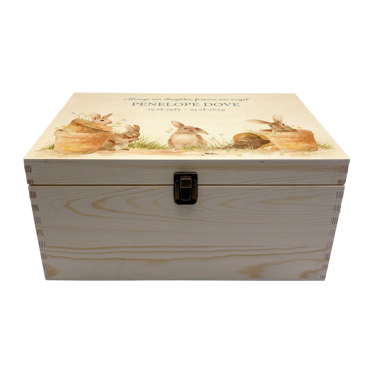 Wooden box with a decorative lid featuring animal illustrations on a wooden background. Perfect funeral memory keepsake box, for storing ashes, order of service, flowers, pictures.