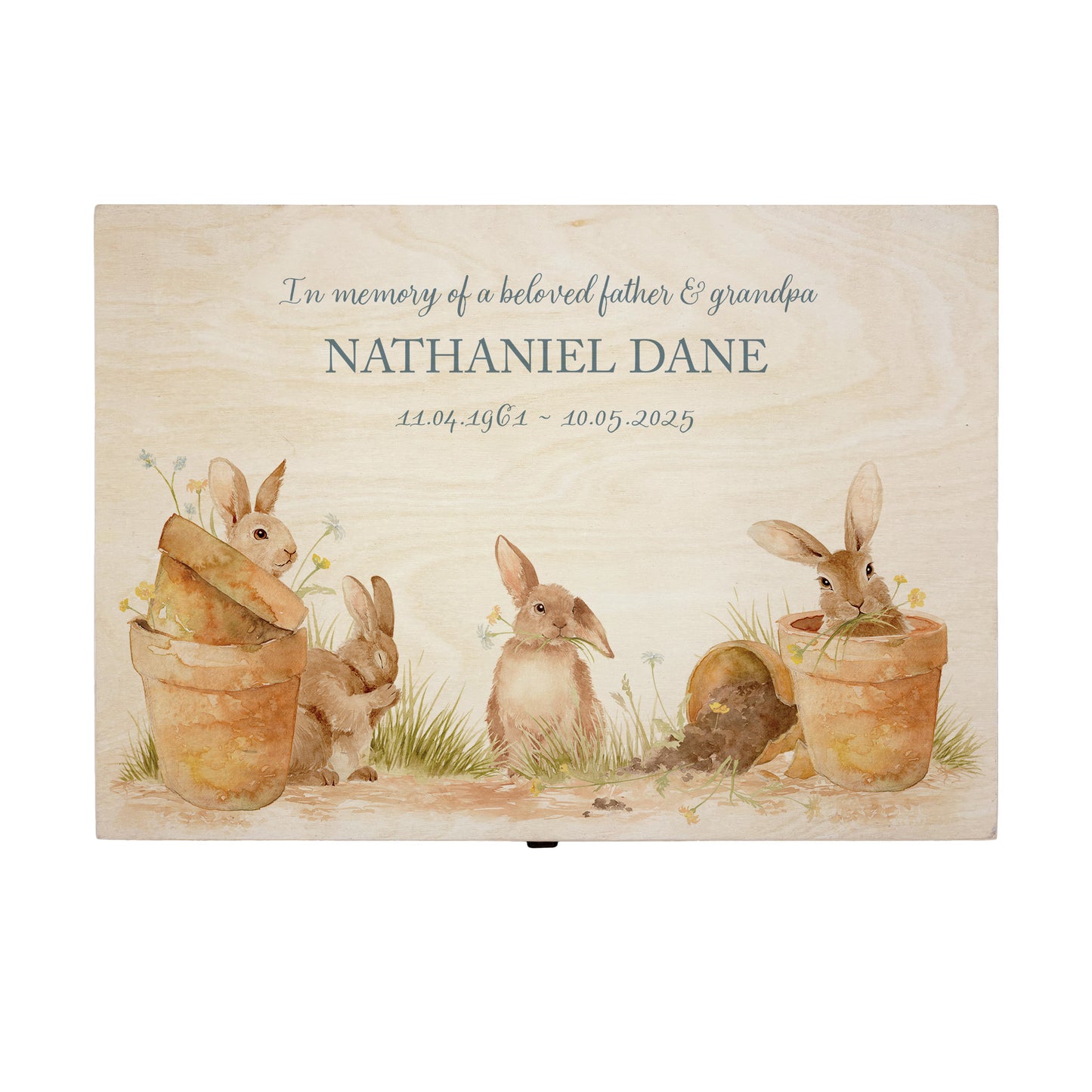 Wooden box with a decorative lid featuring animal illustrations on a wooden background. Perfect funeral memory keepsake box, for storing ashes, order of service, flowers, pictures.