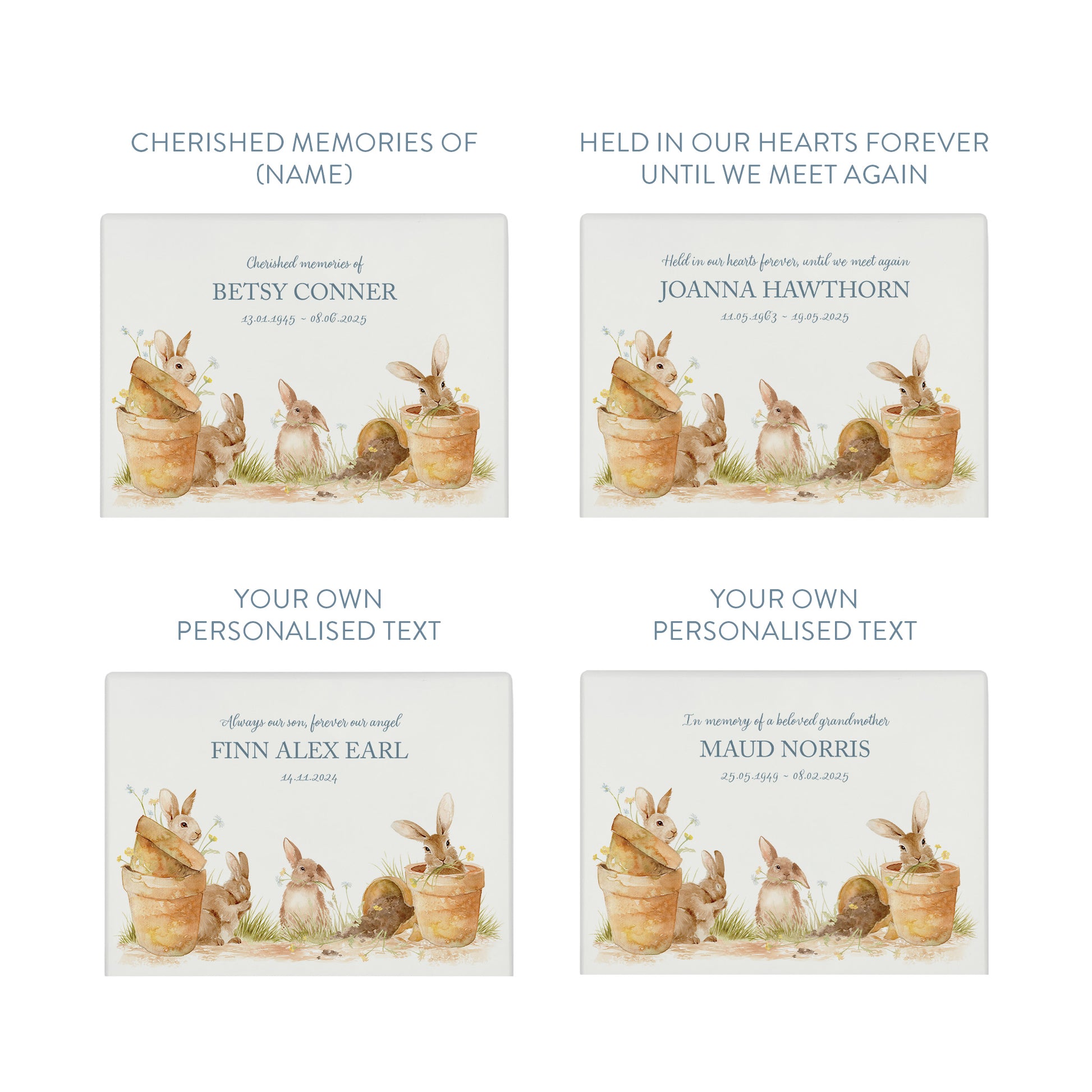 Luxury solid wooden white painted with Bunnies in pots a beautiful watercolour illustration our urns and Caskets for displaying or burying ashes. Customisable and can be personalised. Perfect funeral memory keepsake urn, for storing ashes for humans and pets